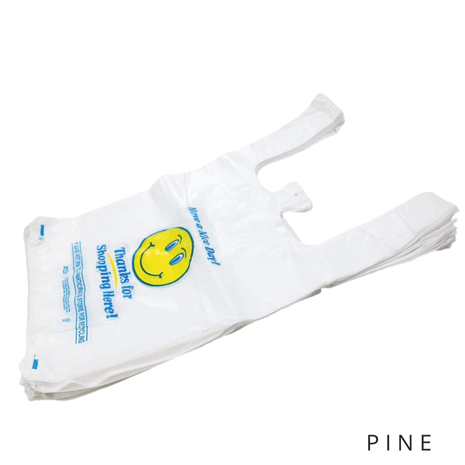 Eco-Friendly Happy Face Pine Shopping Bags - Reusable Heavy Duty Plastic Grocery Bags for Shopping, Market & Gift Carrier | Durable T-Shirt Style Bags | White Pack of 95 | Perfect for Grocery Stores, Retail Shopping & Eco-Conscious Consumers