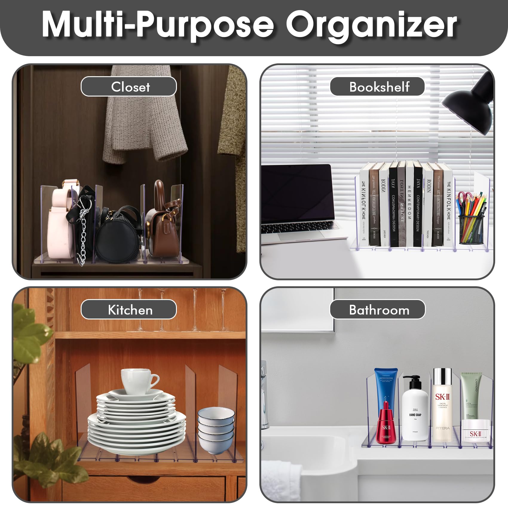 Clear Acrylic Purse Organizer for Closet - Adjustable Shelf Divider & Detachable Handbag Separators for Bedroom, Bathroom, Office Storage | Perfect for Closet Organization & Handbag Display