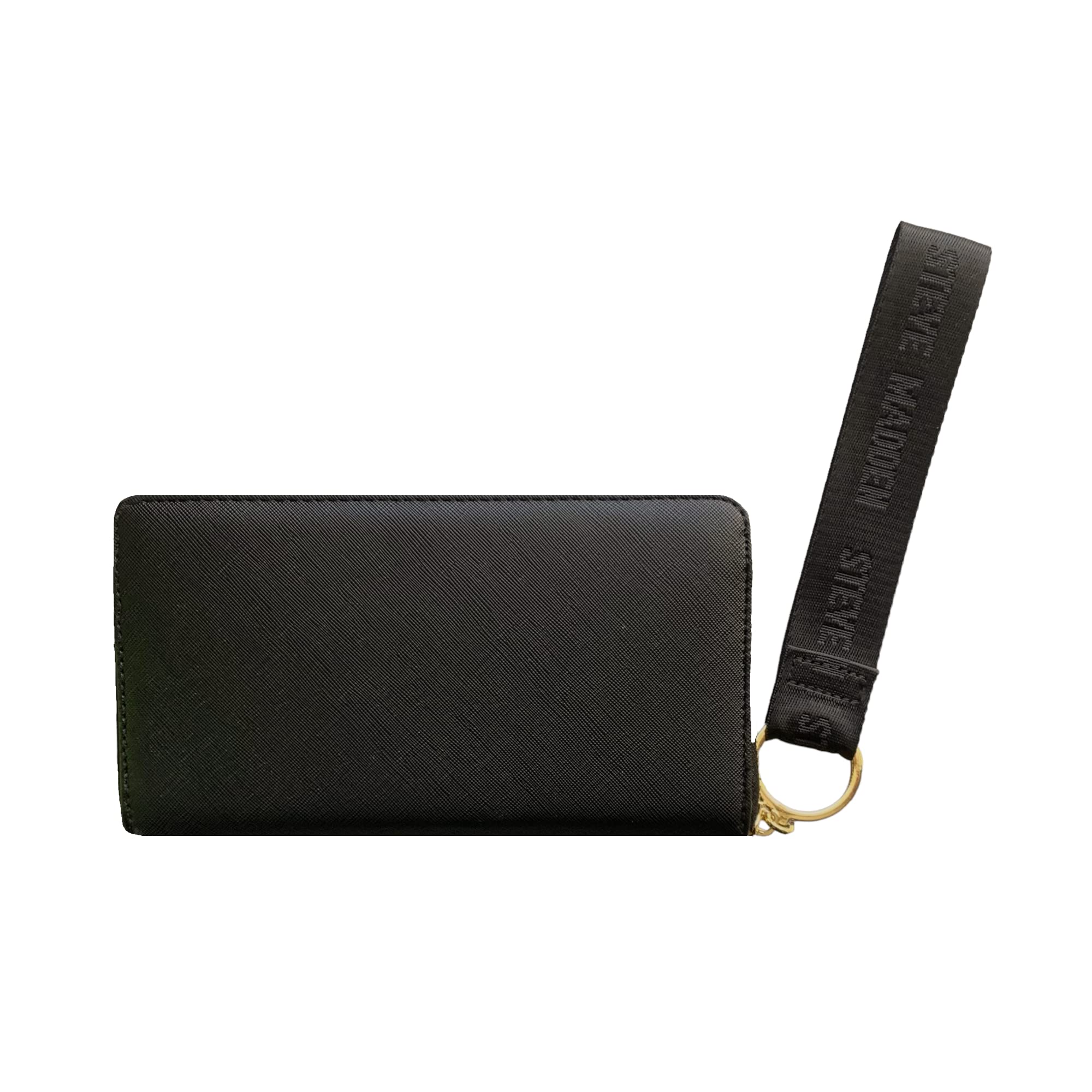 Steve Madden BZIP-WEB Black Leather Wallet Wristlet for Women - Slim RFID Blocking Card Holder with Wrist Strap - Perfect for Parties, Travel & Everyday Use