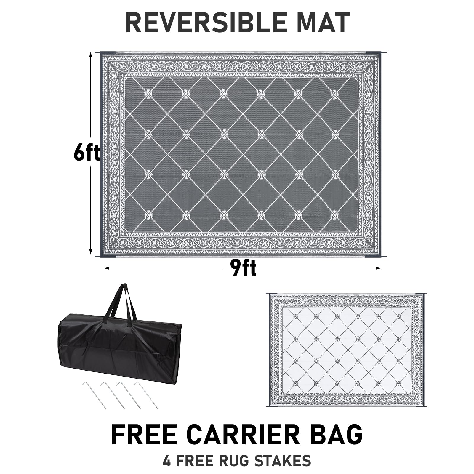 HiiARug Reversible 6'x9' Outdoor Rug - Durable Plastic Straw Patio Mat for Garden, Backyard, Deck, Picnic & Camping | Waterproof & UV Resistant for All-Weather Use (Grey) - Perfect for RV, Poolside, and Outdoor Decor