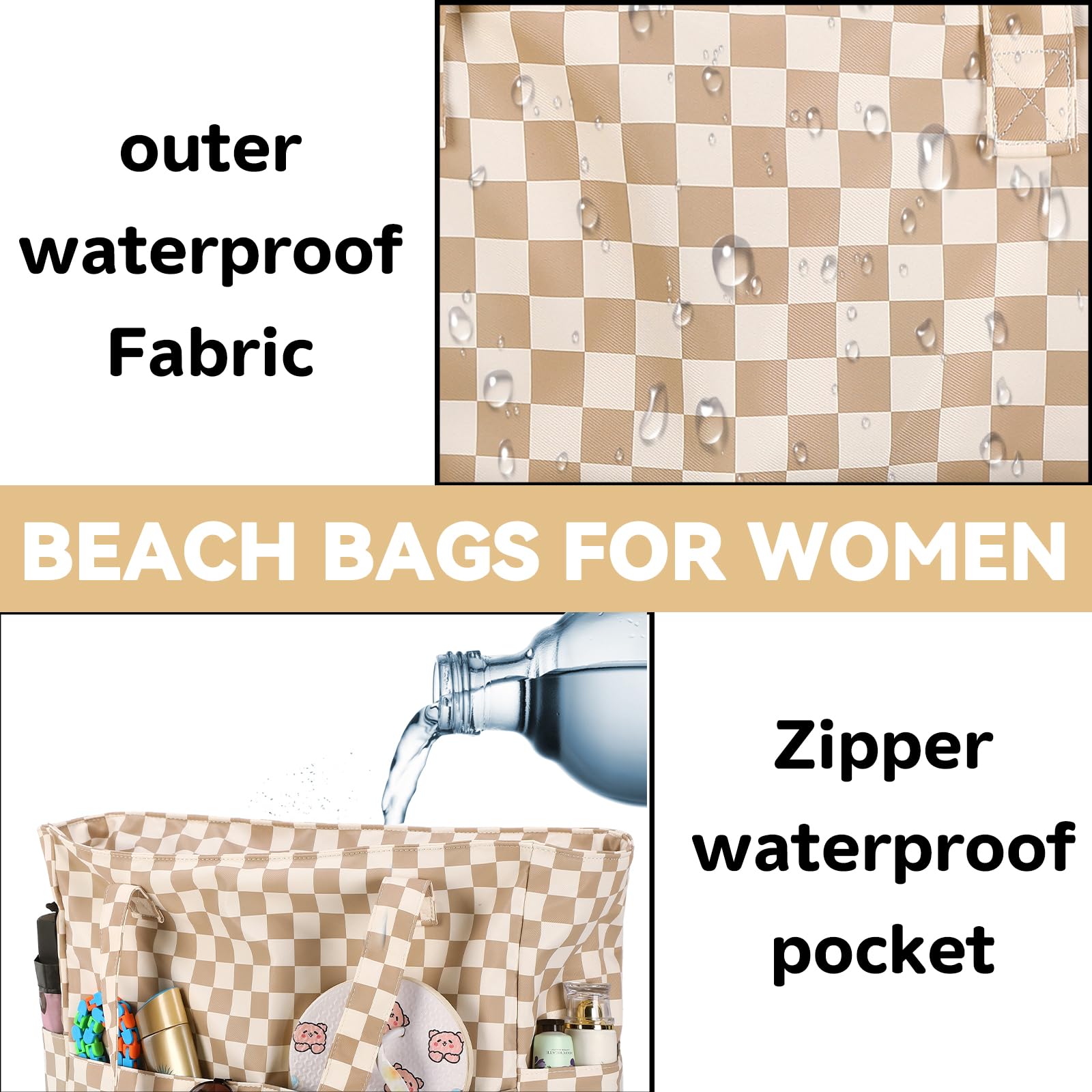 Waterproof Large Beach Tote Bag for Women - Sandproof Zippered Pool & Gym Bag with Wet Pocket - Perfect for Travel, Grocery Shopping & Beach Days