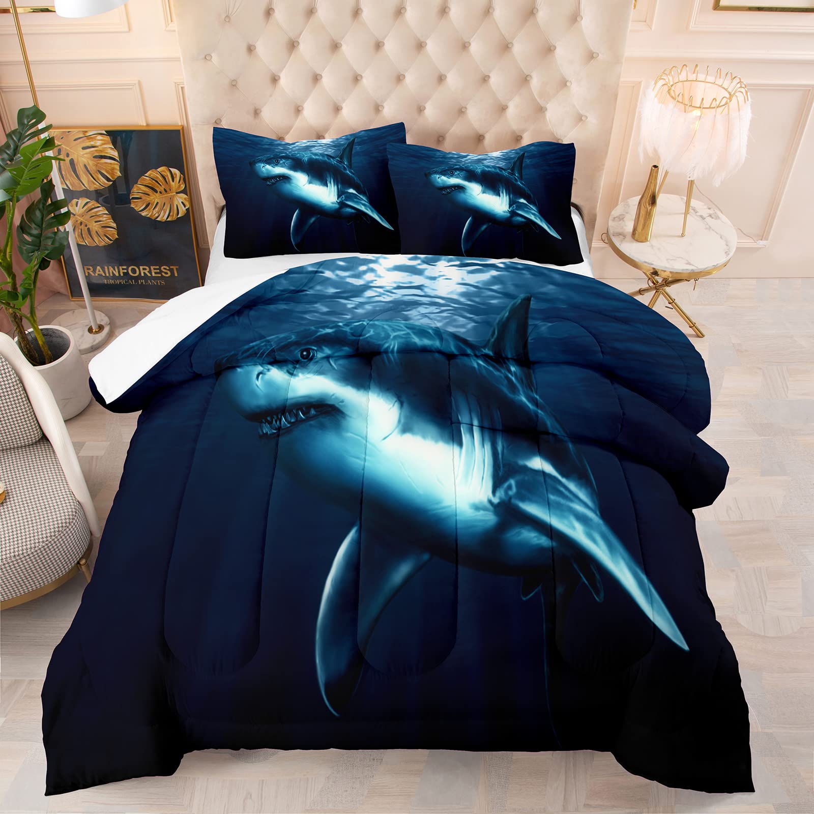 **3D Printed Shark Comforter Set King Size - Deep Sea Adventure Bedding for Boys & Teens, Soft Microfiber Blue Quilt with Matching Pillowcases - Perfect for Bedrooms, Dorms & Sleepovers**