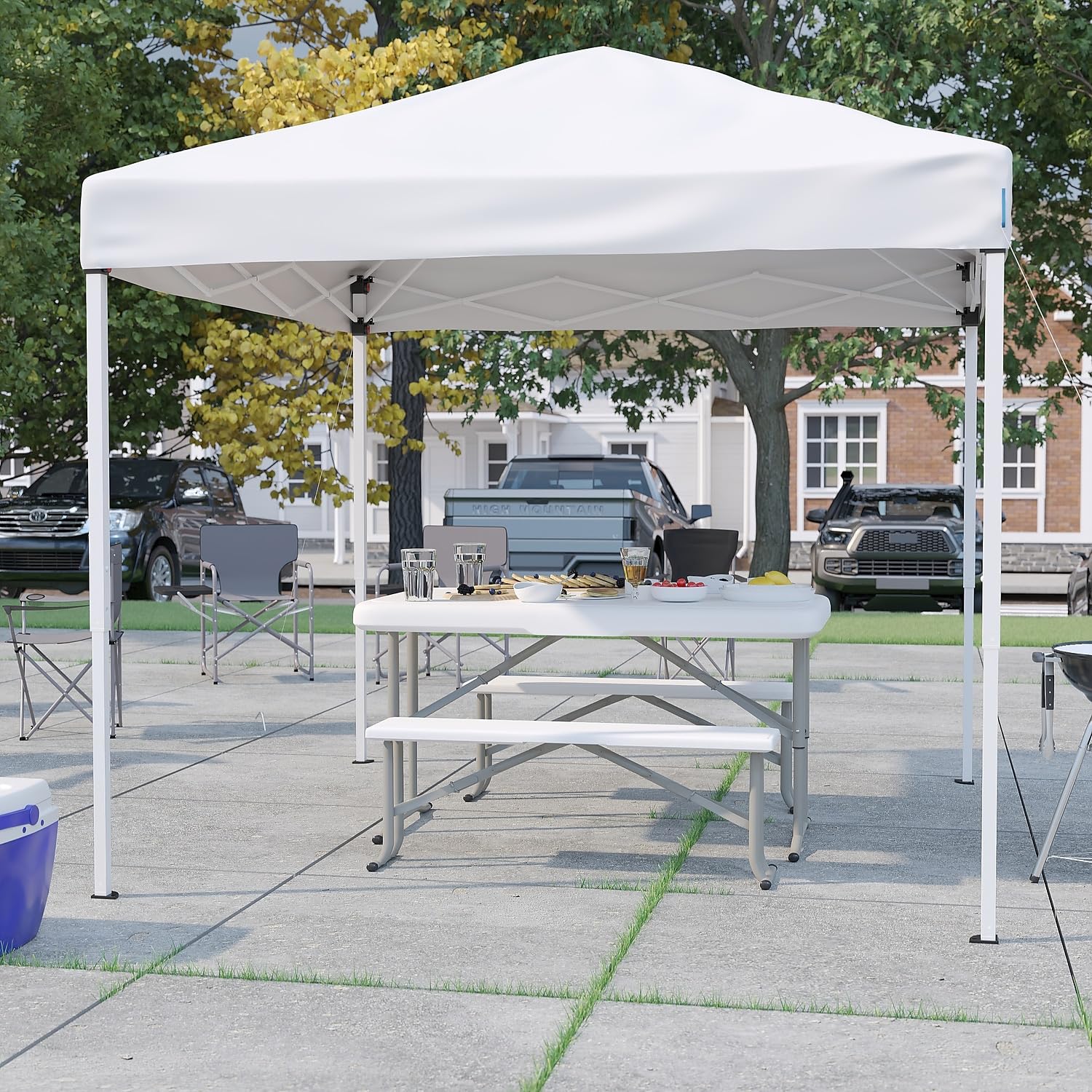 Flash Furniture Kramer 8'x8' White Pop Up Canopy Tent with Carry Bag & Folding Bench Set - Portable Event Shelter for Tailgating, Camping, Beach Parties, Outdoor Weddings & Picnics
