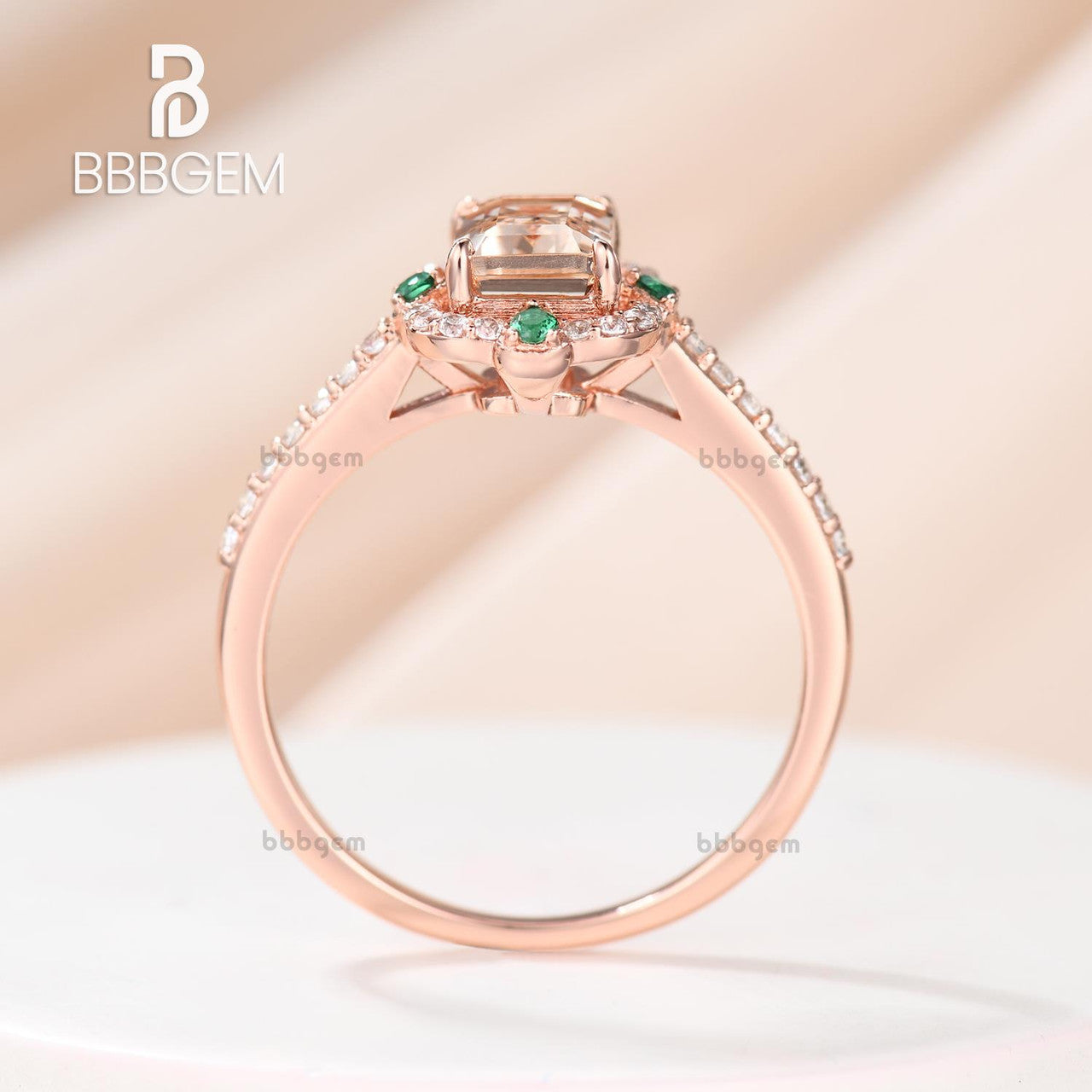 Vintage Emerald Step Cut Peachy Pink Morganite Rose Gold Statement Ring with 4 Emerald Accents - Elegant Jewelry for Weddings, Anniversaries & Special Occasions
