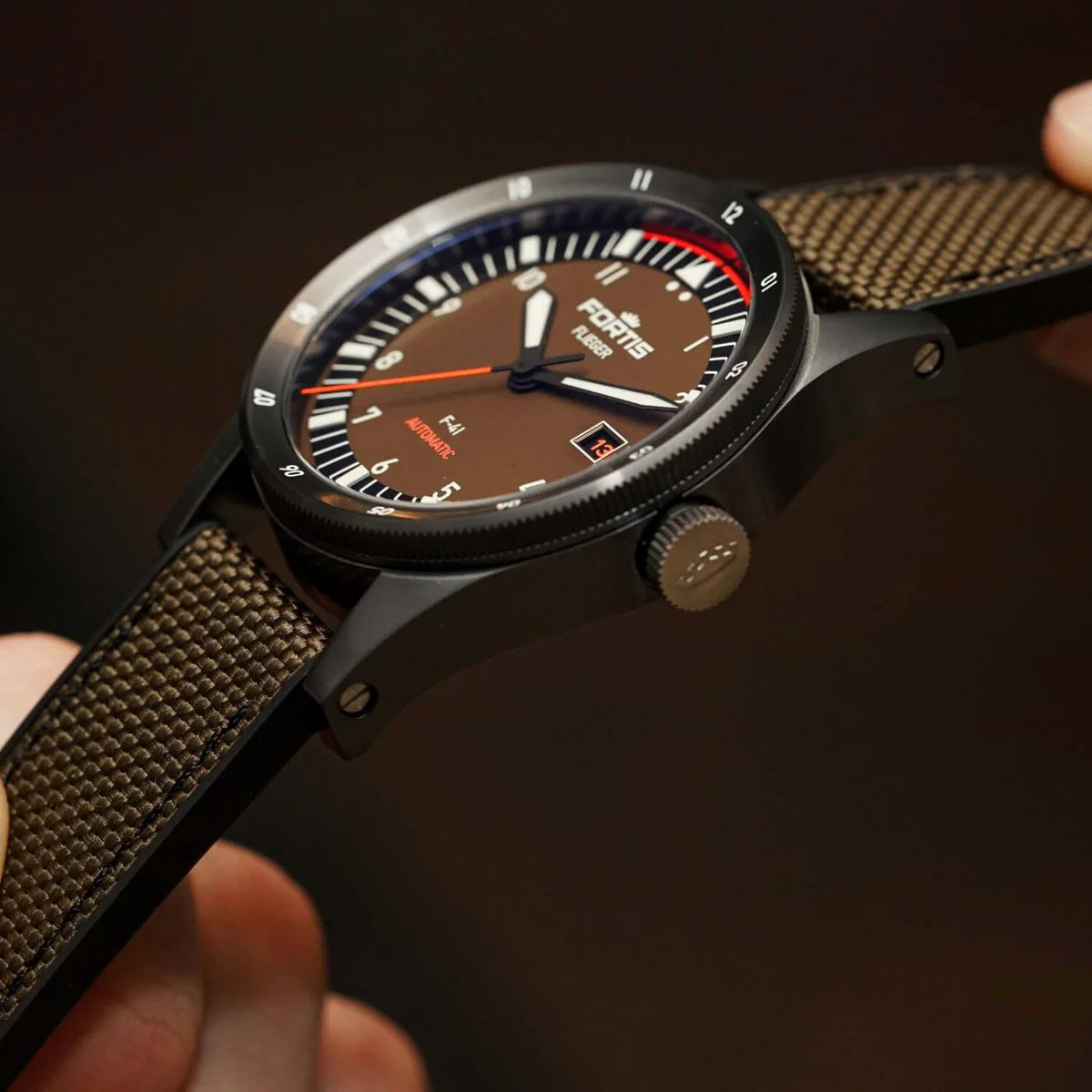 Fortis Flieger F-41 Werk 7 Men's Tactical Watch - Green Military Aviation Pilot Watch for Outdoor Adventure & Professional Use