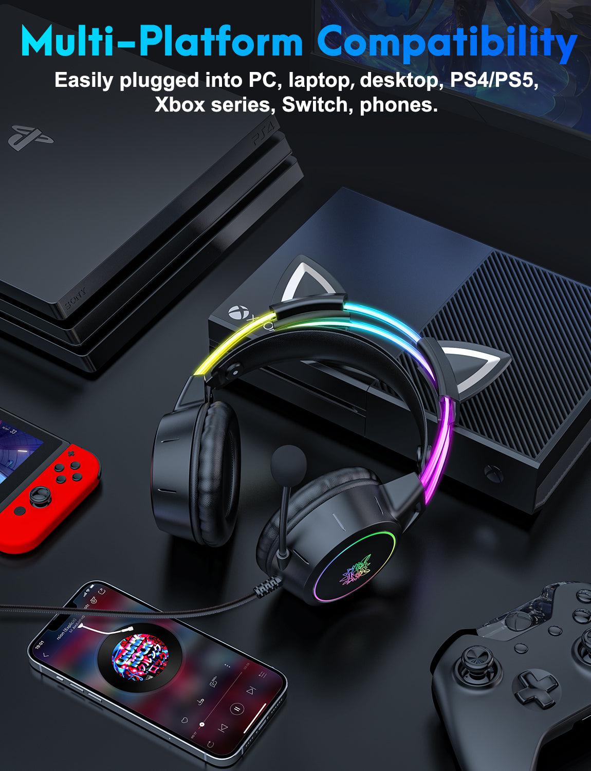 ONIKUMA X15 PRO Cat Ear Gaming Headset with Noise Cancelling Microphone, RGB Lights, Durable Stereo Surround Sound - Perfect for PC, PS4, Xbox, Nintendo Switch & Online Gaming