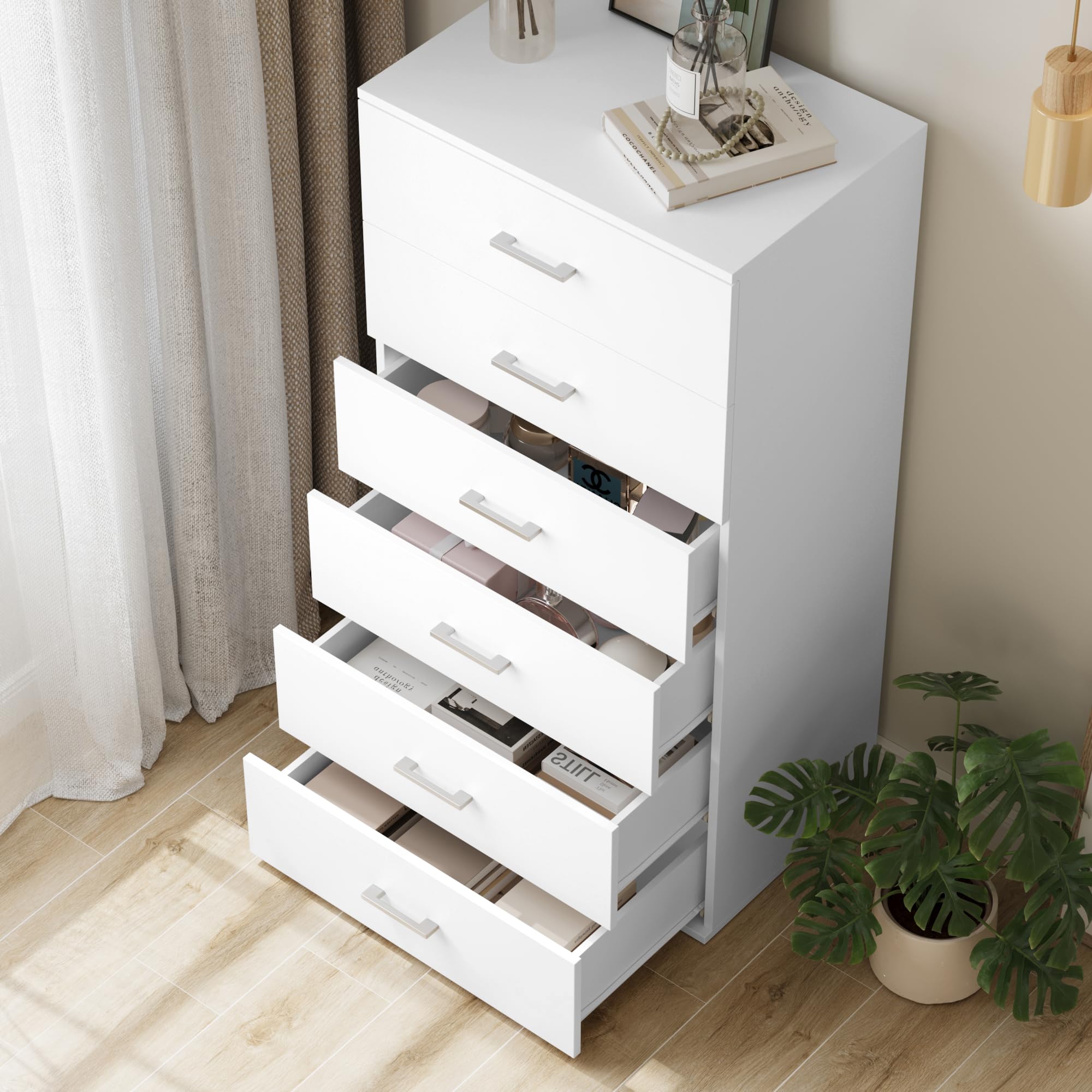 FOTOSOK 6-Drawer White Dresser - Modern Tall Chest of Drawers with Metal Handles, 23.6
