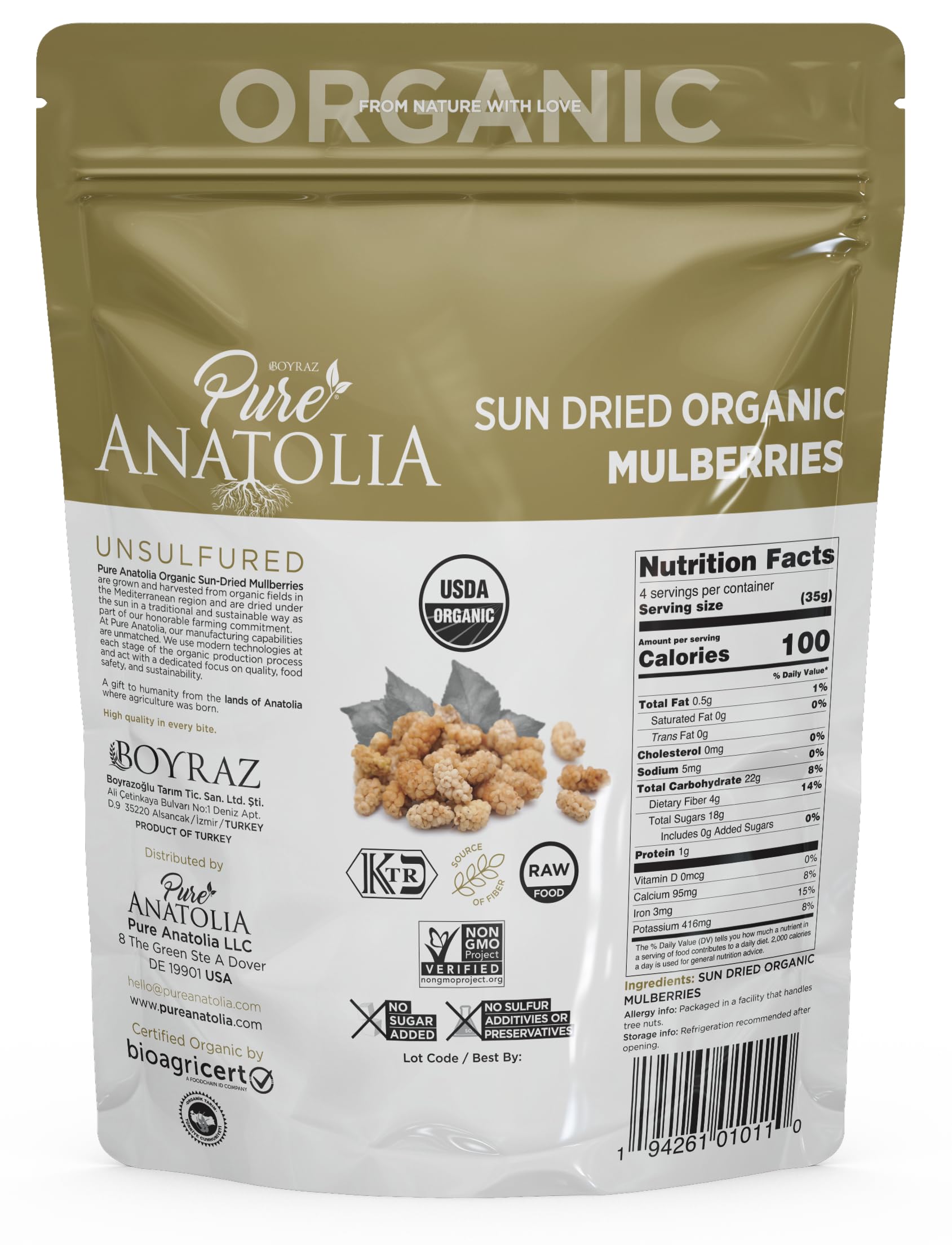 Organic Sun Dried White Mulberries - Healthy Fiber Snacks for Hiking & Baking