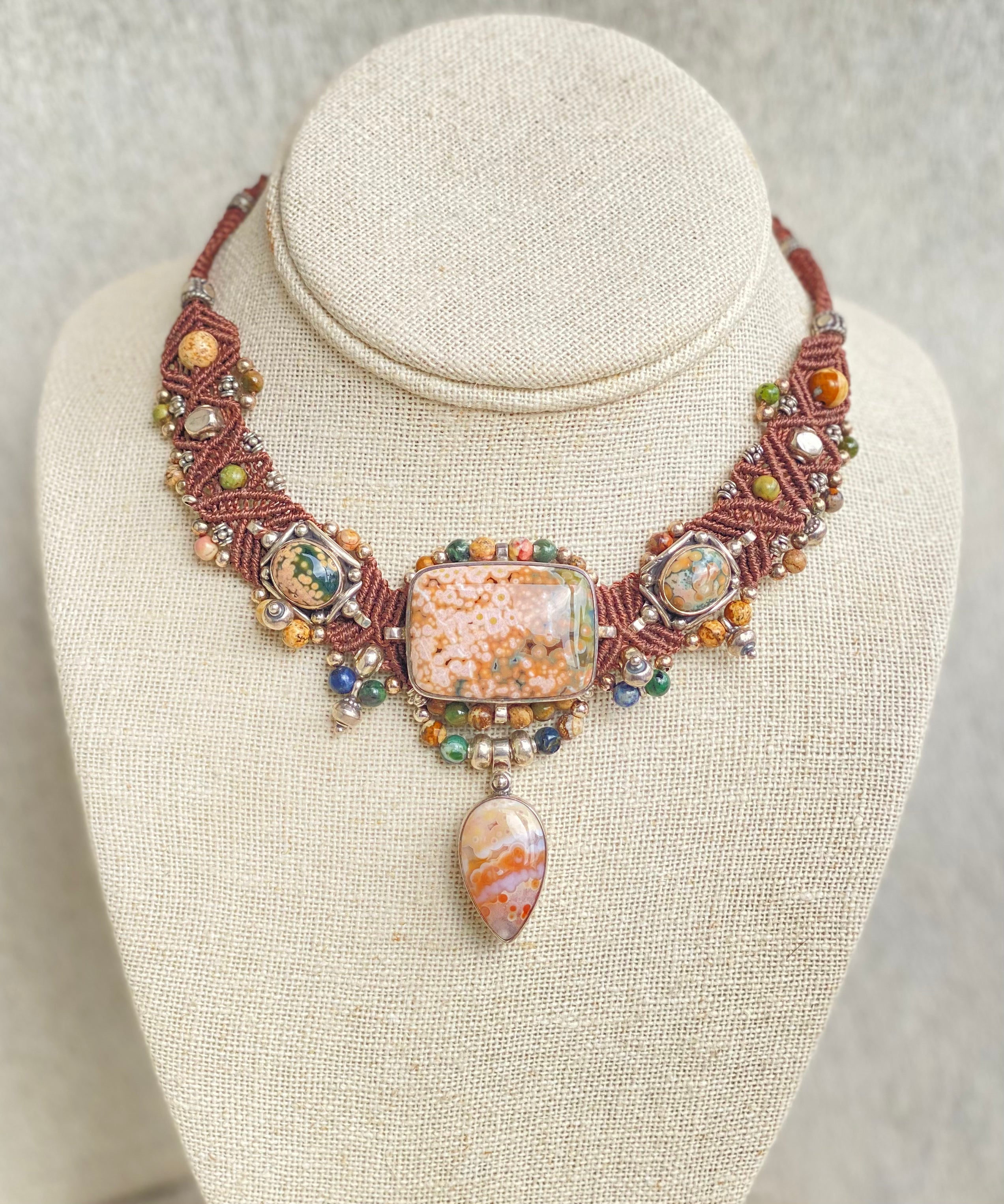 Handmade Brown Macramé Choker Necklace with Natural Ocean Jasper Stone - Boho Style Jewelry for Women, Perfect for Festivals, Beach Outings, and Everyday Wear