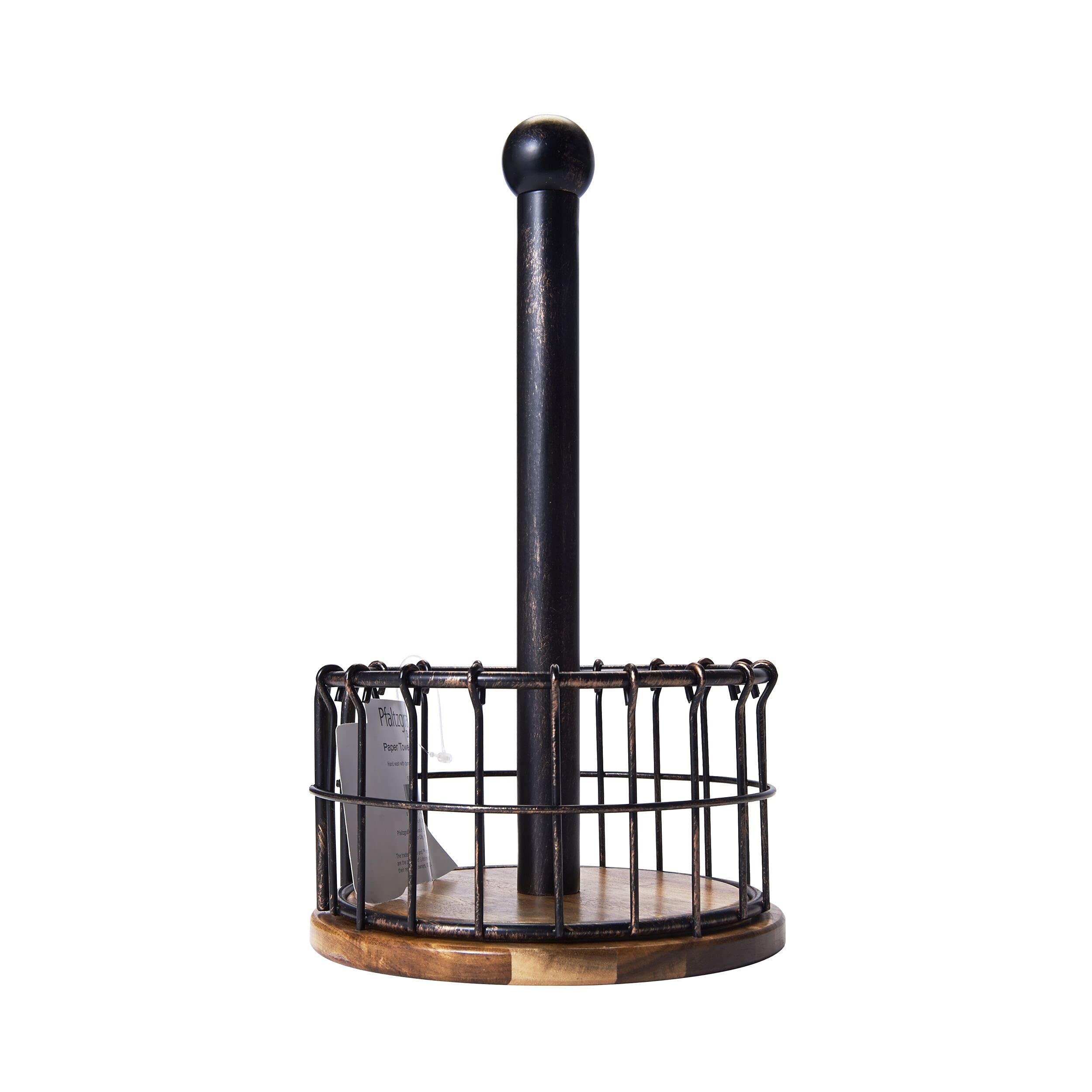 Pfaltzgraff Anvil 13.25-Inch Antique Black Wire & Acacia Wood Paper Towel Holder - Rustic Kitchen Decor for Countertop, Farmhouse & Modern Homes