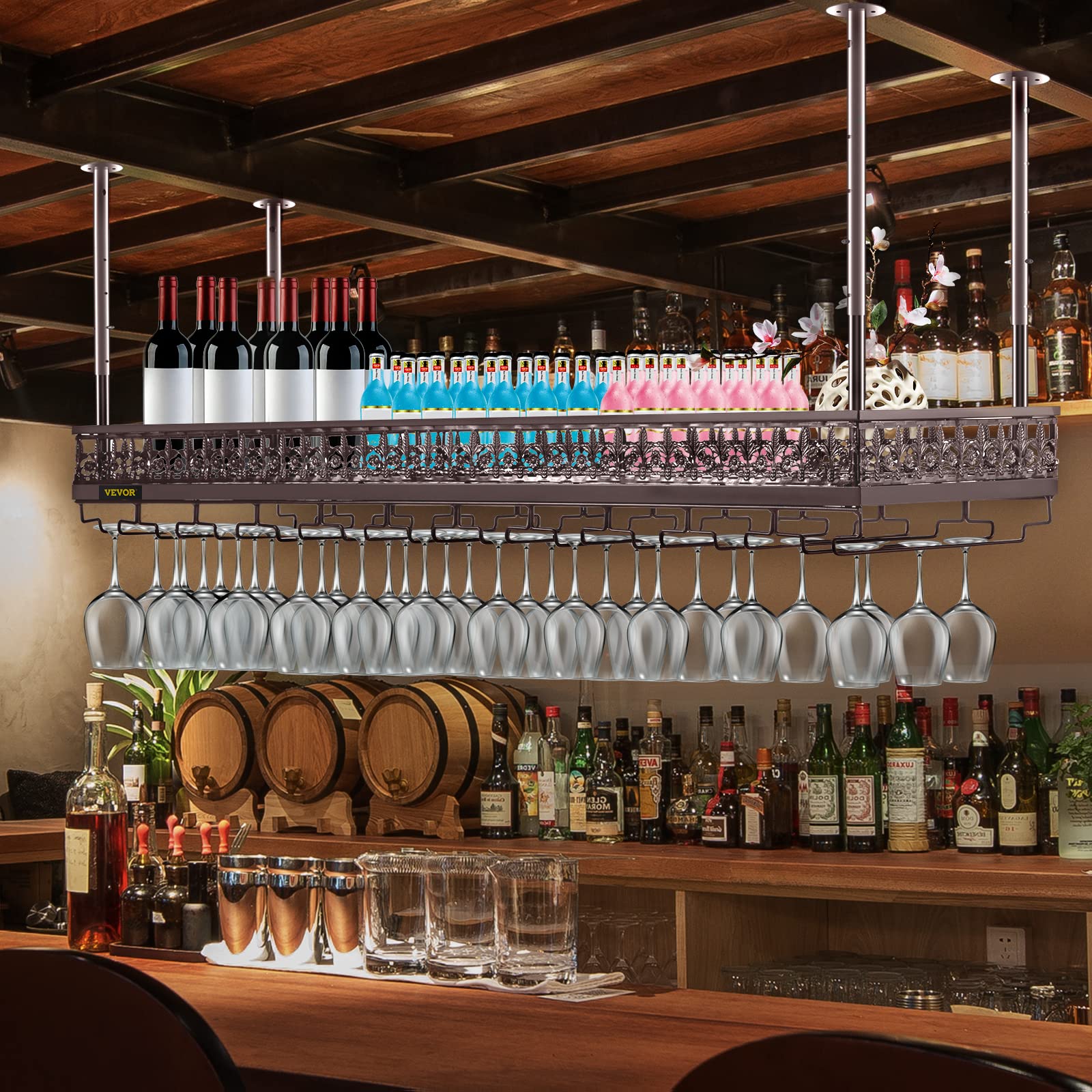 VEVOR Copper Ceiling Wine Glass Rack - 46.9 x 13 Inch Adjustable Height (18.9-35.8 Inch) - Holds 33 Glasses & 33 lbs - Modern Style for Home Bar, Restaurant, or Wine Cellar Storage