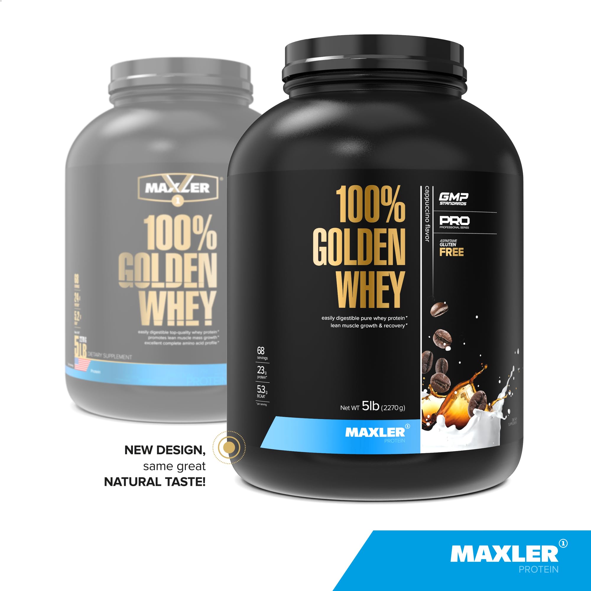 Maxler 100% Golden Whey Protein Powder - 23g Premium Protein per Serving with Hydrolysate, Isolate & Concentrate Blend - Fast Absorption for Pre, Post & Intra Workout Recovery - Cappuccino Flavor 5 lb - Ideal for Gym, Fitness & Muscle Building