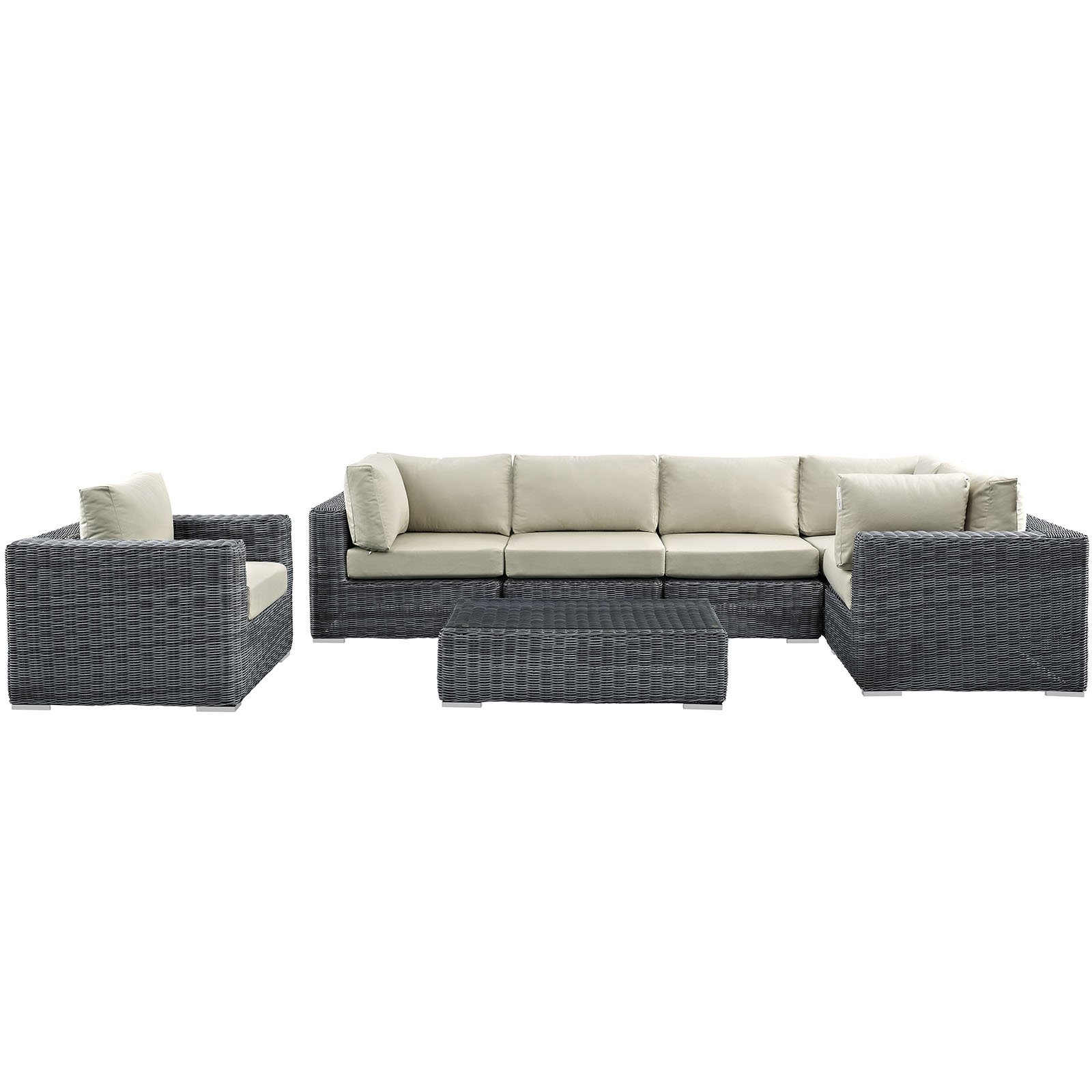 Modern 7-Piece Outdoor Patio Sectional Sofa Set - Beige Wicker Furniture with All-Weather Cushions for Backyard, Poolside & Garden Relaxation