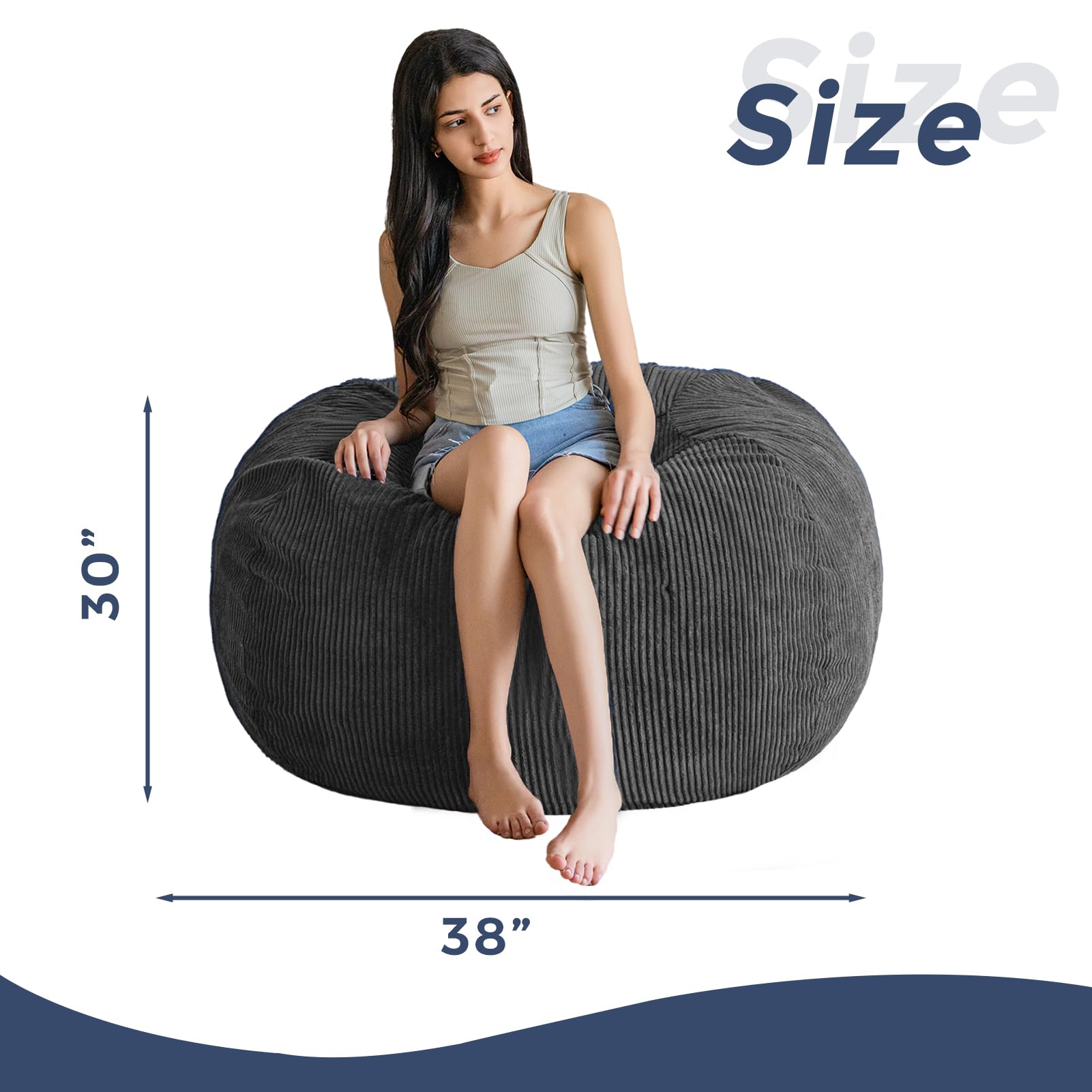 MAXYOYO 3ft Corduroy Bean Bag Chair for Adults - Ultra Soft Fur Lazy Sofa in Dark Grey | Perfect for Living Room, Bedroom & Game Room Relaxation