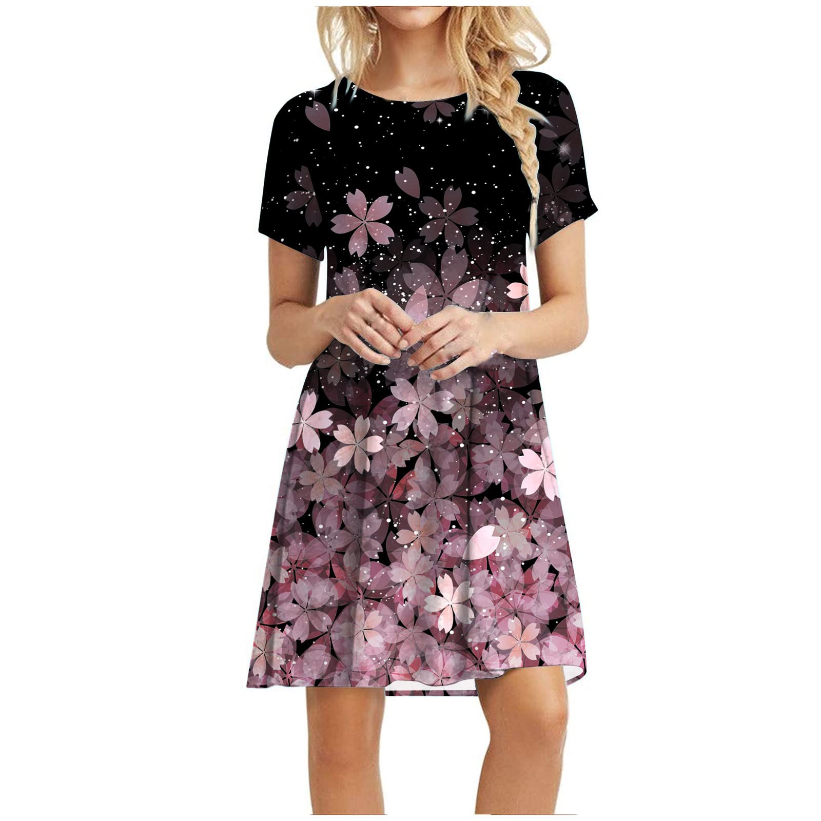Women's Casual Floral Print Loose Short Sleeve Dress - Sunflower Jacquard Maxi Dress for Summer Beach, Vacation & Everyday Wear