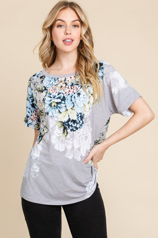 BOMBOM Floral Print Round Neck Short Sleeve T-Shirt for Women - Light Gray Summer Top | Perfect for Casual Outings, Beach Vacations & Date Nights