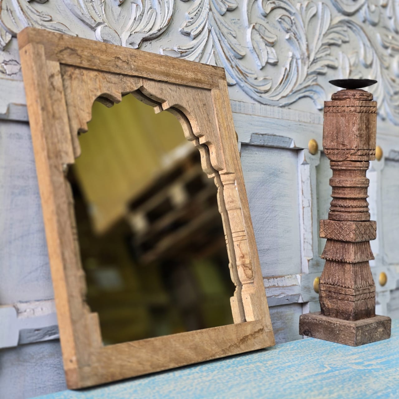 Hand Carved Indian Solid Wood Temple Mirror - Brown 116 - Elegant Wall Decor for Living Room, Bedroom, or Meditation Space