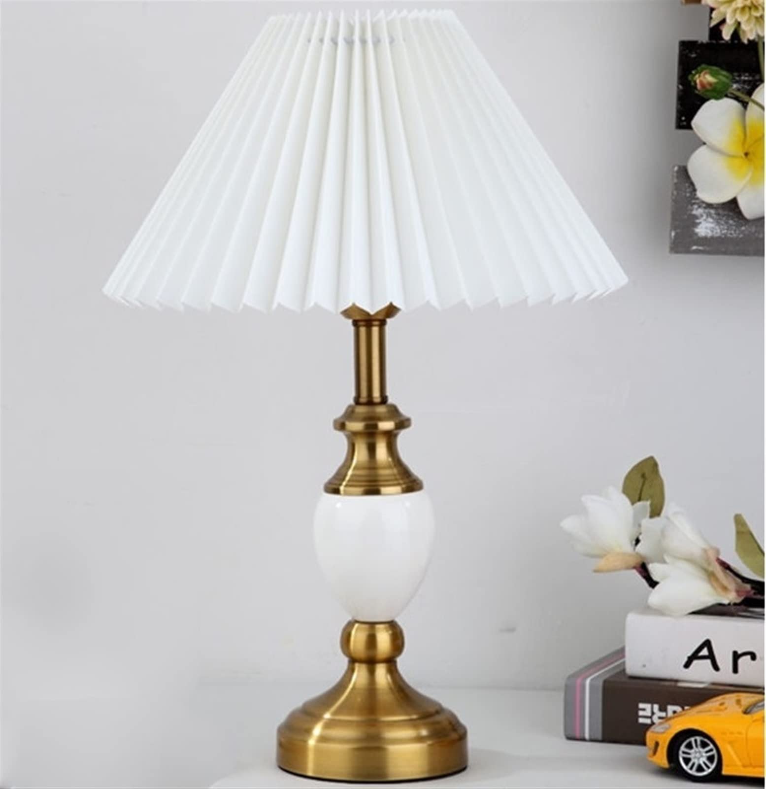 Elegant Pleated Ceramic Table Lamp with Electroplated Copper Finish - Modern Desk Lamp for Living Room, Bedroom, Study & Nightstand - White Lampshade - Perfect for Reading, Working & Creating Cozy Ambiance