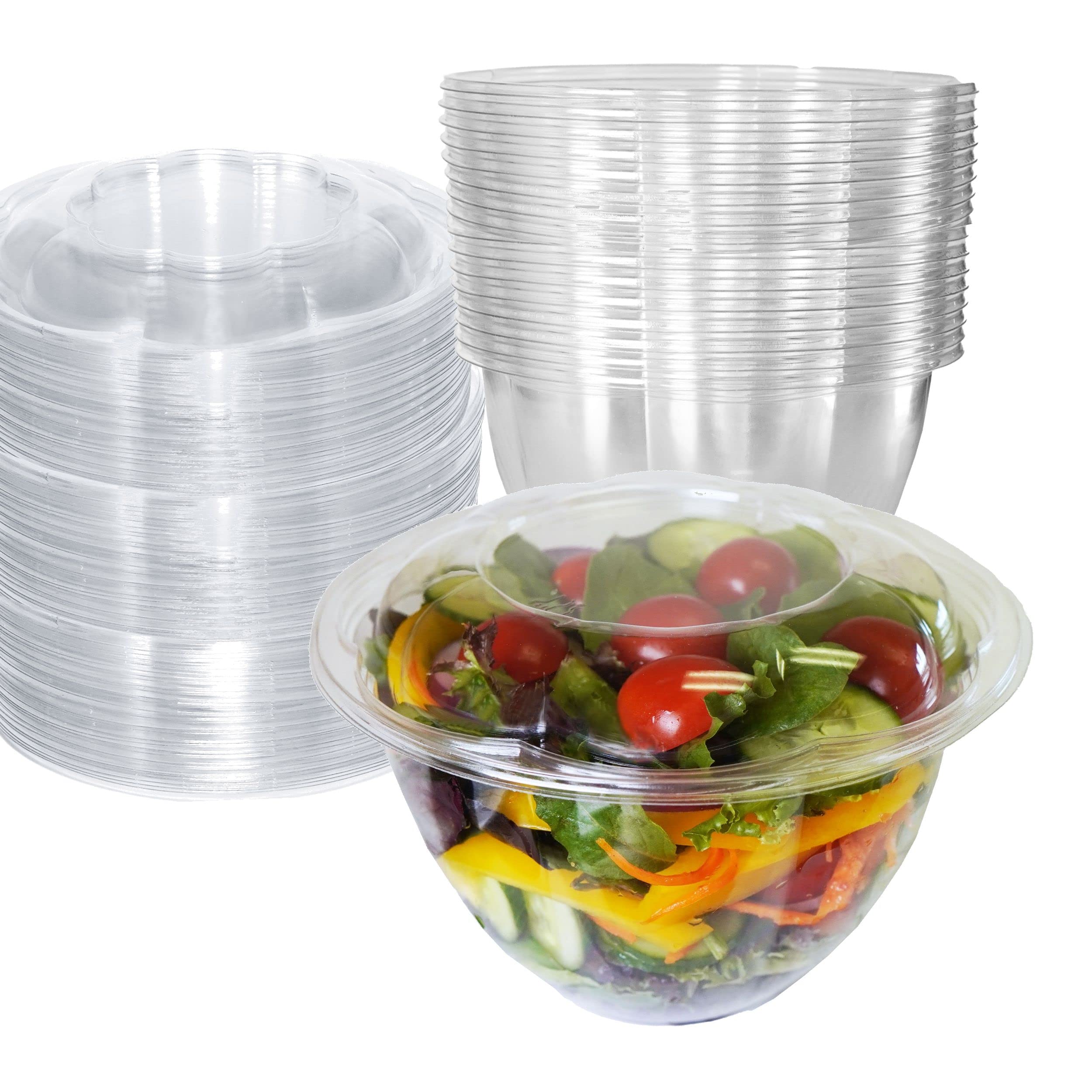 48oz Clear Disposable Salad Bowls with Lids (300 Pack) - Airtight Leak-Proof Plastic Food Containers for Meal Prep, Lunch To-Go, Salads, Fruits, Snacks | Perfect for Picnics, Parties, Office Lunches & Food Storage (Rose Bowl Design)