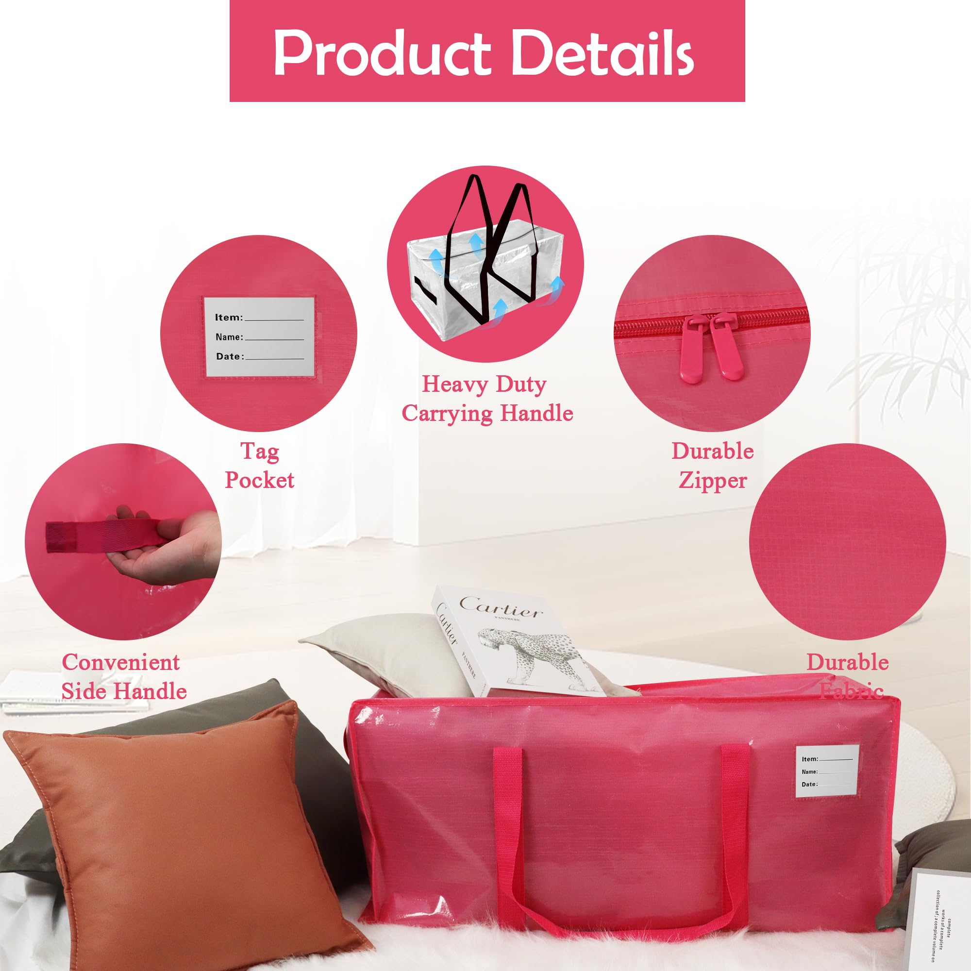 Heavy Duty Moving Bags with Sturdy Zippers - 8 Pack Large Storage Totes for Clothes, College Dorm & Travel Supplies - Durable Pink Moving Bags for Home Organization & Packing Essentials