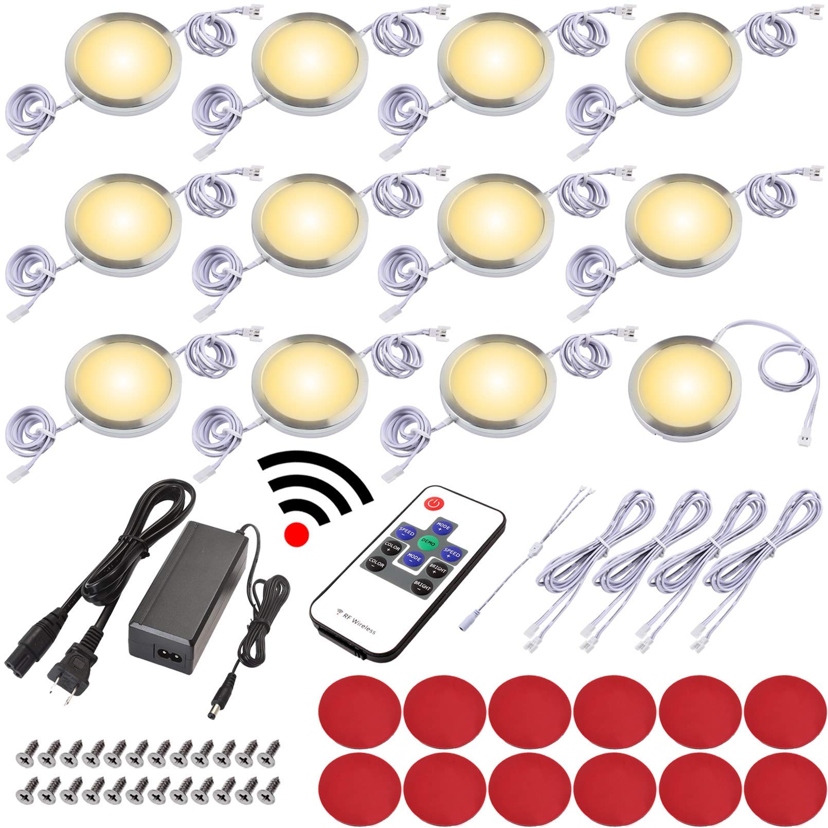 Under Cabinet Lighting Kit - Dimmable Wireless RF LED Puck Lights with AC/DC Adapter, Hardwired or Plug-in (6/12 Lights, Warm White) - Perfect for Kitchen, Closet, and Shelf Illumination
