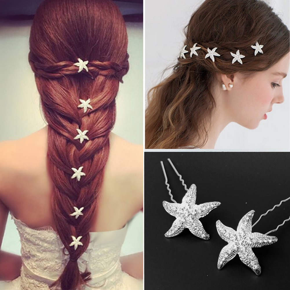 10Pcs Silver Tone Crystal Starfish Hair Pins - Wedding Hair Accessories for Brides, Beach Themed Party & Daily Hair Styling | Perfect for Beach Weddings, Summer Parties and Boho Hairstyles