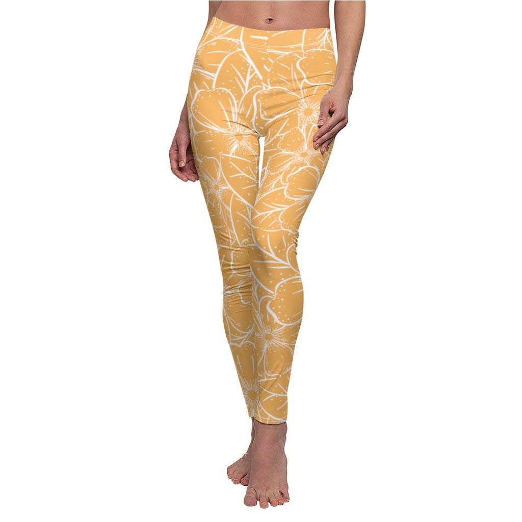 Exotic Floral Print Women's Casual Cut & Sew Leggings with Natural Leaf Design | Comfortable Stretchy Yoga Pants for Workout, Lounge & Everyday Wear