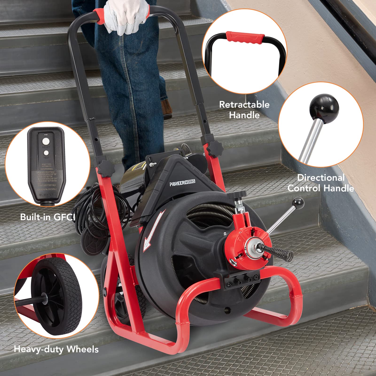 PioneerWorks 75Ft x 1/2 Inch Professional Electric Drain Auger Cleaner Machine - Auto-Feed Sewer Snake for 2 to 4 Inch Pipes with 6 Cutters & Gloves - Perfect for Clogged Sinks, Showers, Bathtubs, and Toilet Drain Cleaning