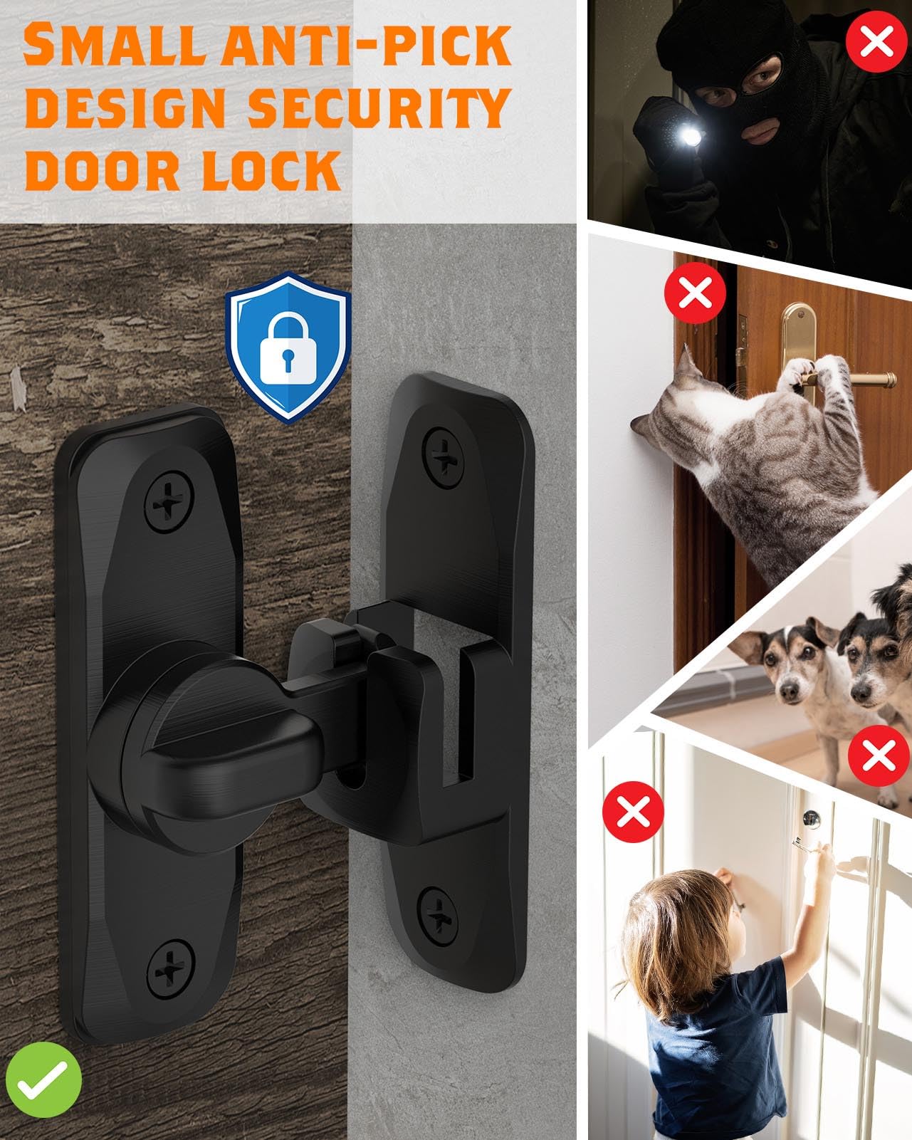 90/180 Degree Barn Door Lock - Small Flip Gate Latches Hardware for Sliding Doors - Secure Cabinet, Bathroom & Garden Door Lock (Black, 2Pcs) - Perfect for Home, Office & Outdoor Use