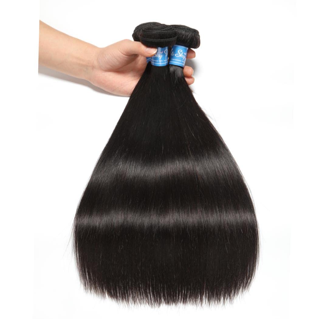 10A Brazilian Straight Virgin Hair Bundles with Frontal (16 18 20+14 Inch) - 100% Unprocessed Human Hair Weft for Sew-in, Glueless Wigs & Natural Hairstyles - Perfect for Daily Wear, Special Occasions & Salon Styling