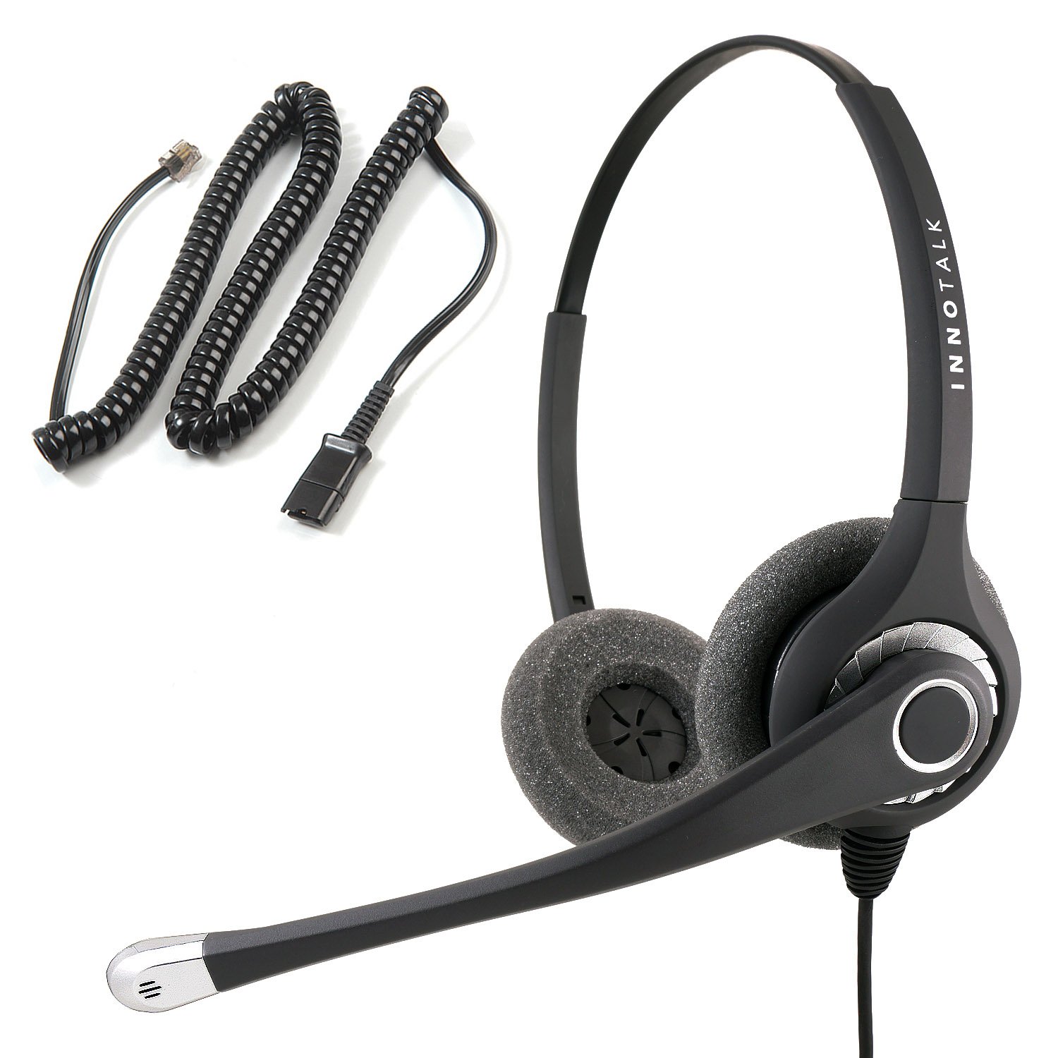 INNOTALK RJ9 Binaural Office Phone Headset with QD Adapter - Noise Cancelling Call Center Headset Compatible with Polycom, Mitel & More - Wired Desk Phone Headset for Clear Communication in Office, Customer Service & Remote Work