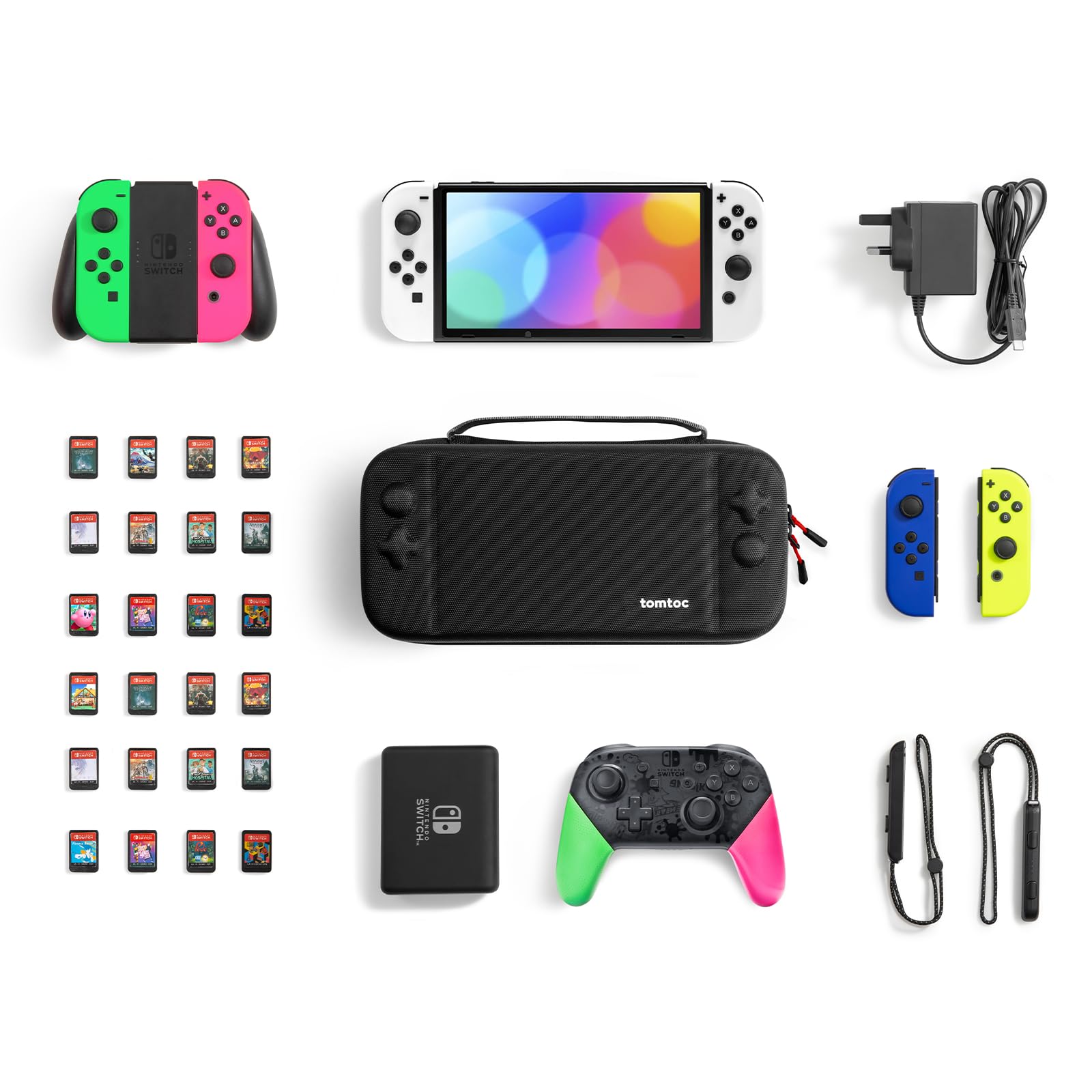 tomtoc Protective Carrying Case for Nintendo Switch & OLED Model - Large Travel Bag with Pro Controller Pocket, Holds 24 Game Cartridges | Durable Portable Shell for Joy-Con Grip & AC Adapter | Perfect for Gaming On-The-Go, Travel & Commuting