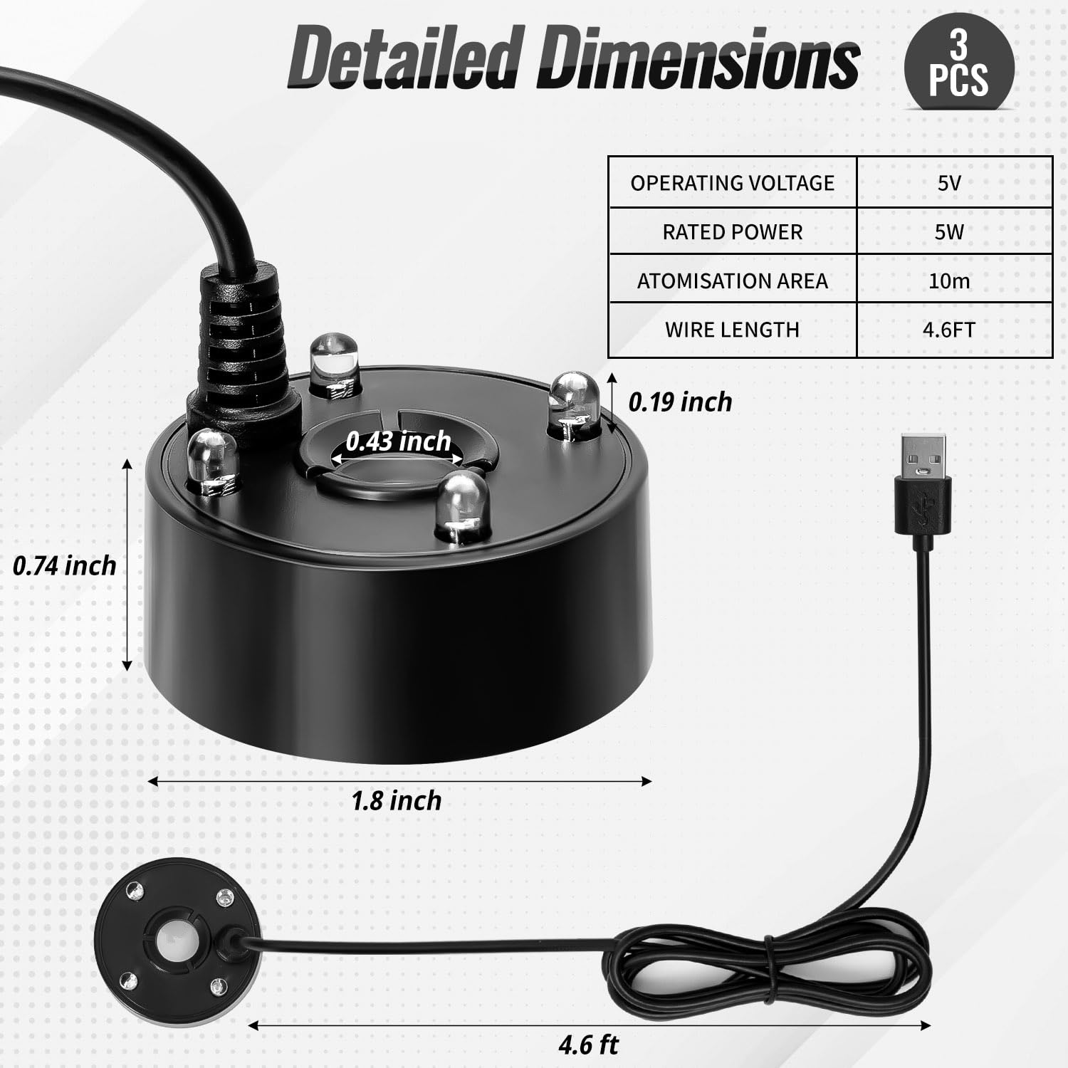 3Pcs Ultrasonic Mist Maker with 4 LED Lights - Mini Fog Machine for Water Fountain, Fish Tank, Halloween Decor - Portable Water Atomizer for Home, Garden, and Party Decorations