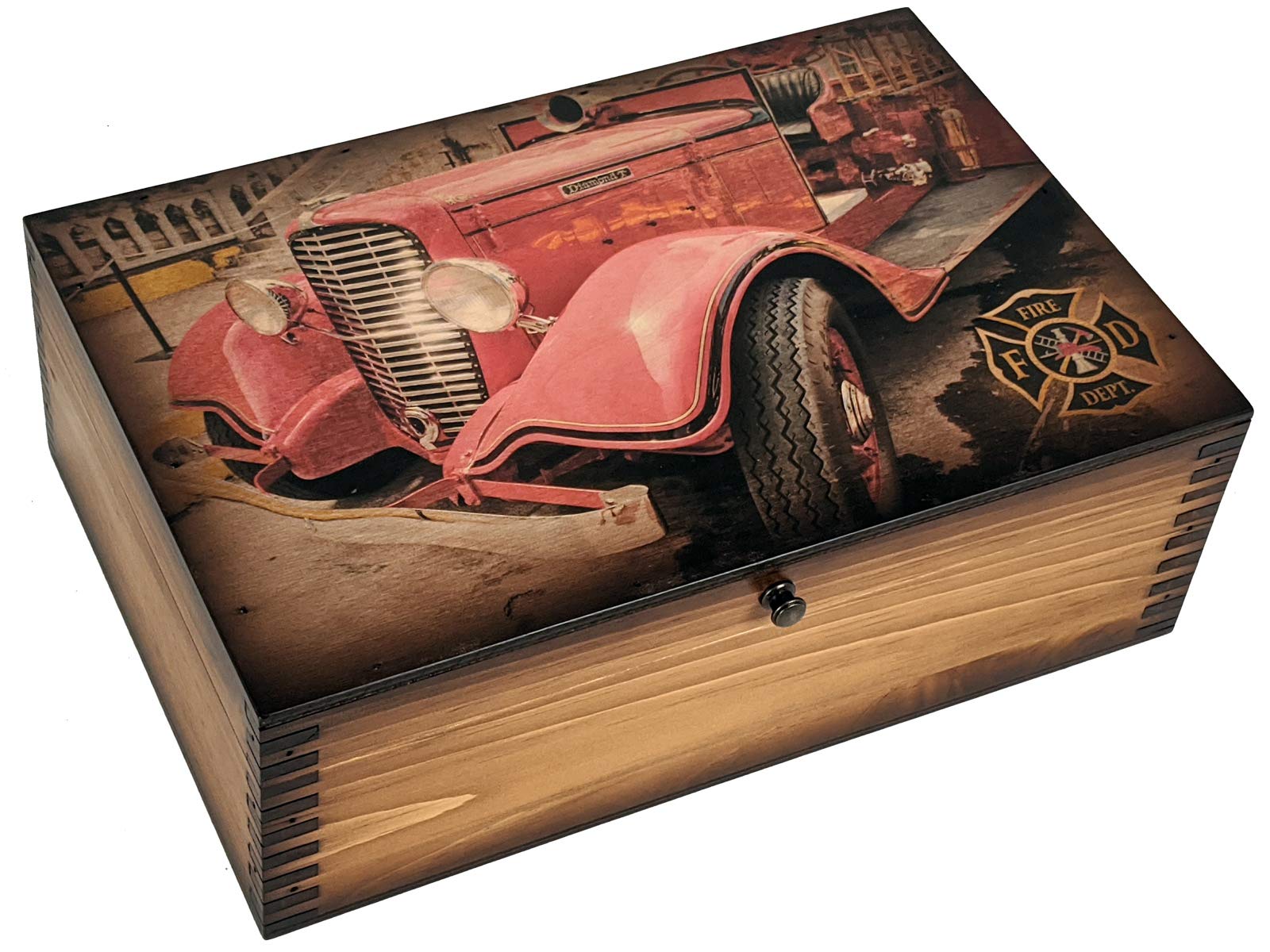 Vintage Fire Truck Wooden Keepsake Box - Handcrafted Wood Memory Chest for Collectibles, Jewelry & Treasures - Perfect for Home Decor, Gift Giving & Childhood Memorabilia Storage