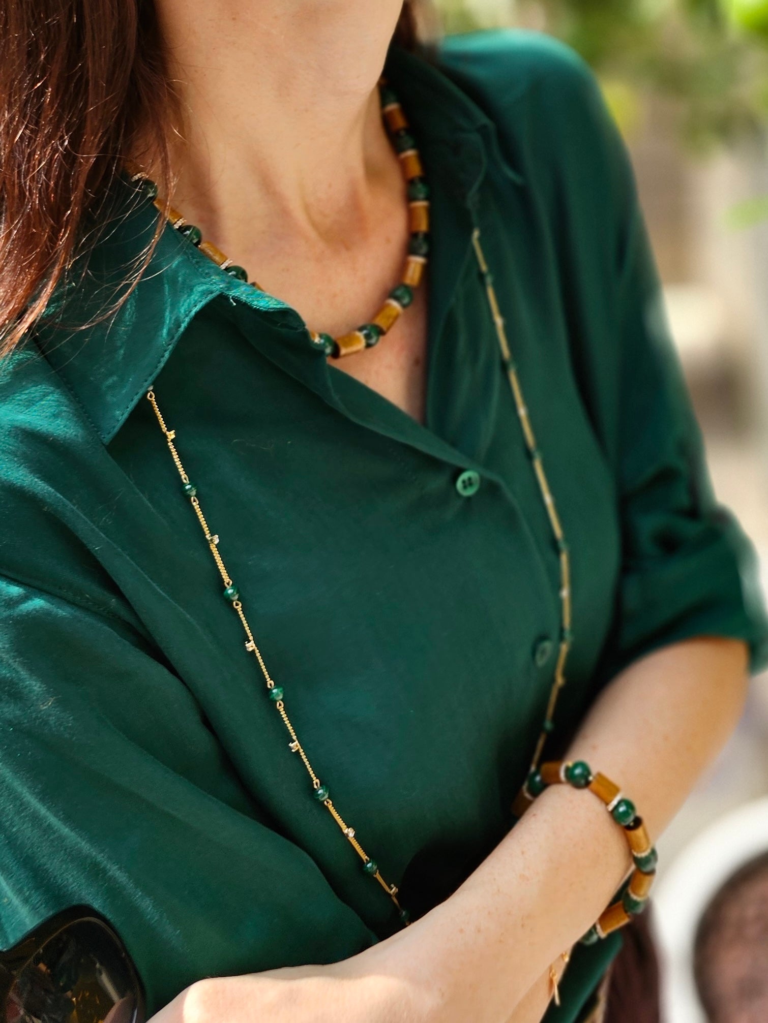 Golden Coral and Green Malachite Beaded Necklace NN037 - Elegant Bohemian Jewelry for Women, Perfect for Beach Vacations & Summer Parties