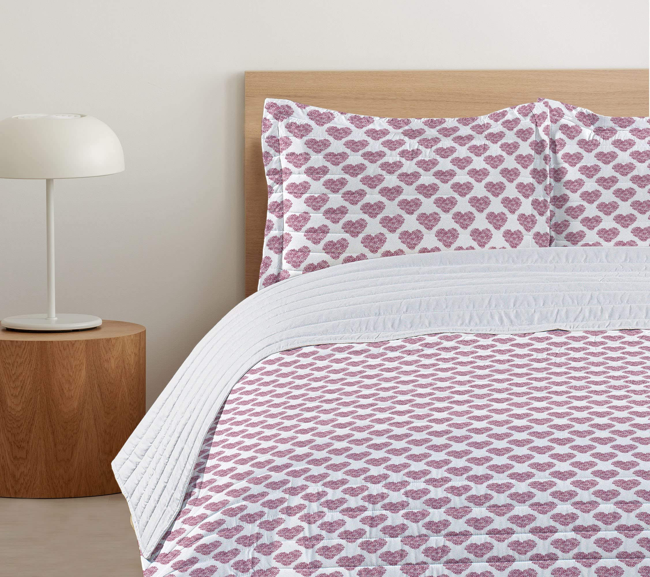 Ambesonne Spring Microfiber Bedspread Set - Floral Heart Pattern Valentine's Day Bedding | Soft Queen Size Comforter with Pillow Shams in White & Pale Fuchsia | Perfect for Romantic Bedroom Decor & Anniversary Gifts