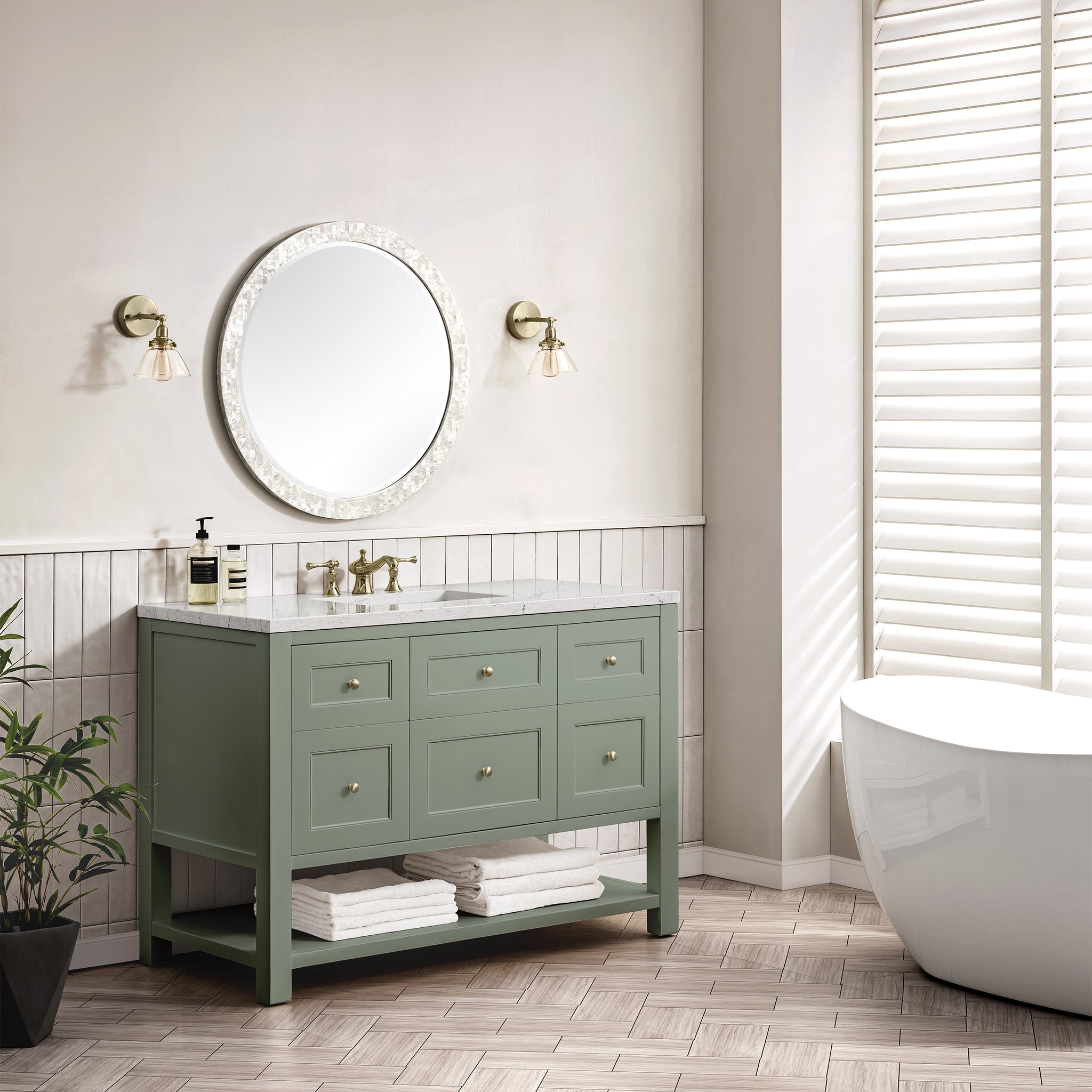 Breckenridge 48 Inch Single Bathroom Vanity in Smokey Celadon with 3CM White Zeus Quartz Top - Perfect for Modern Master Bathrooms & Powder Rooms