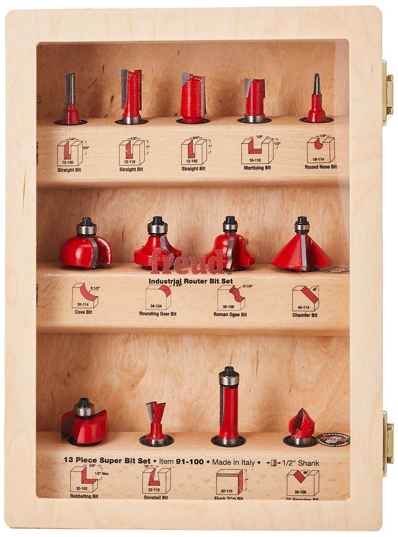 Freud 91-100 13-Piece Super Router Bit Set with 1/2-Inch Shank - Premium Woodworking Tools for Cabinets, Doors & Furniture Making