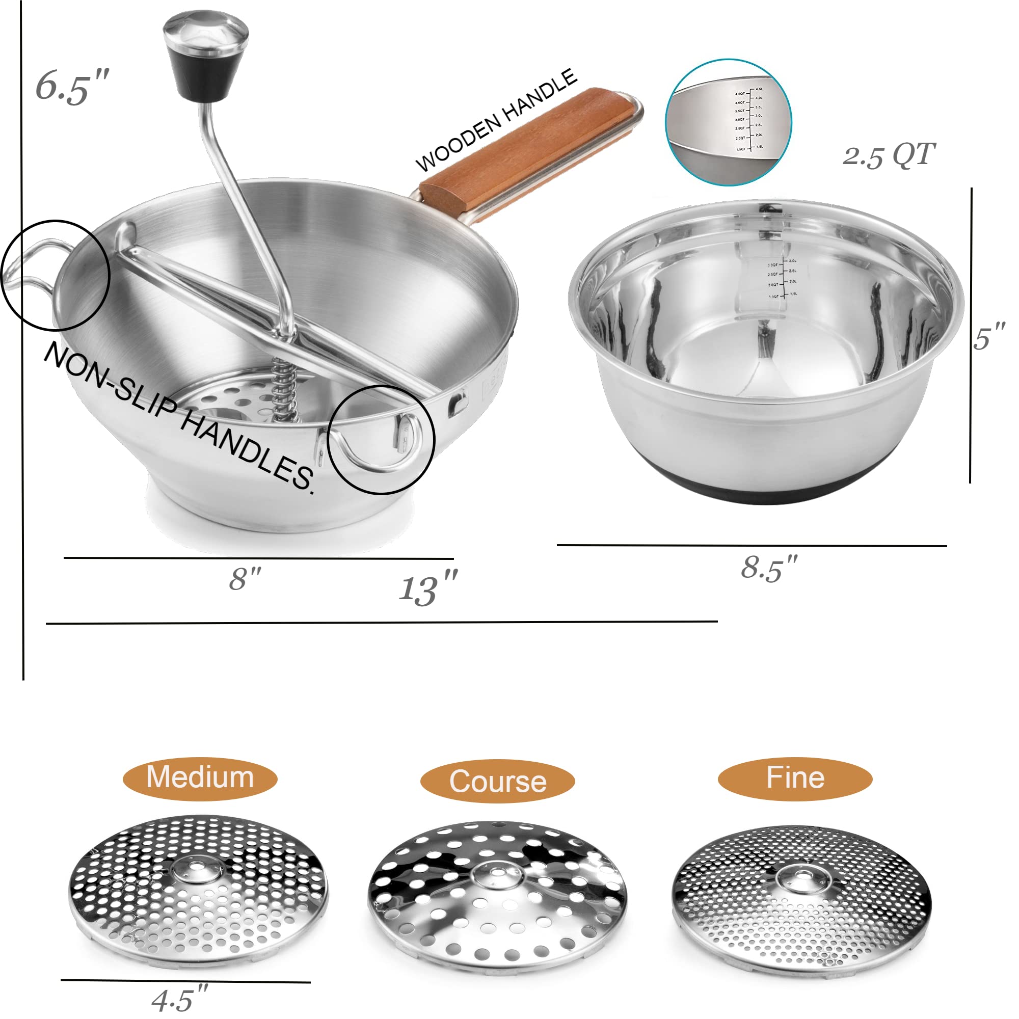 3-in-1 Stainless Steel Food Mill with 3 Grinding Discs & Mixing Bowl - Hand Crank Grain Mill for Mashing Potatoes, Straining Fruits & Grating Vegetables - Perfect for Baby Food, Purees & Homemade Sauces - Ideal for Kitchens, Restaurants & Food Preparation