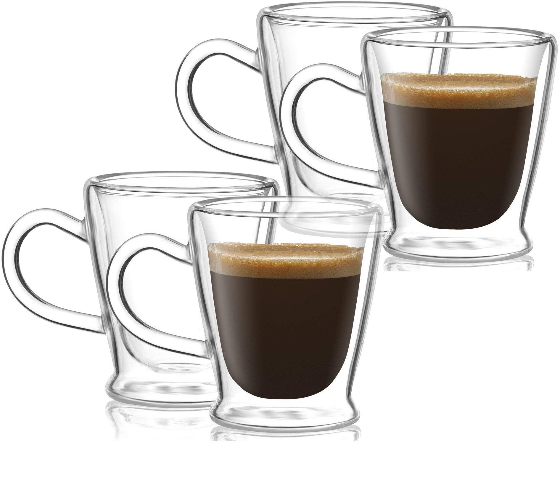 Circleware 92050 Thermax Double Wall Insulated Heat Resistant Glass Espresso Cups with Handle - 4-Piece Set (2.6 oz Each) - Perfect for Coffee, Tea & Hot Beverages at Home, Office or Cafe