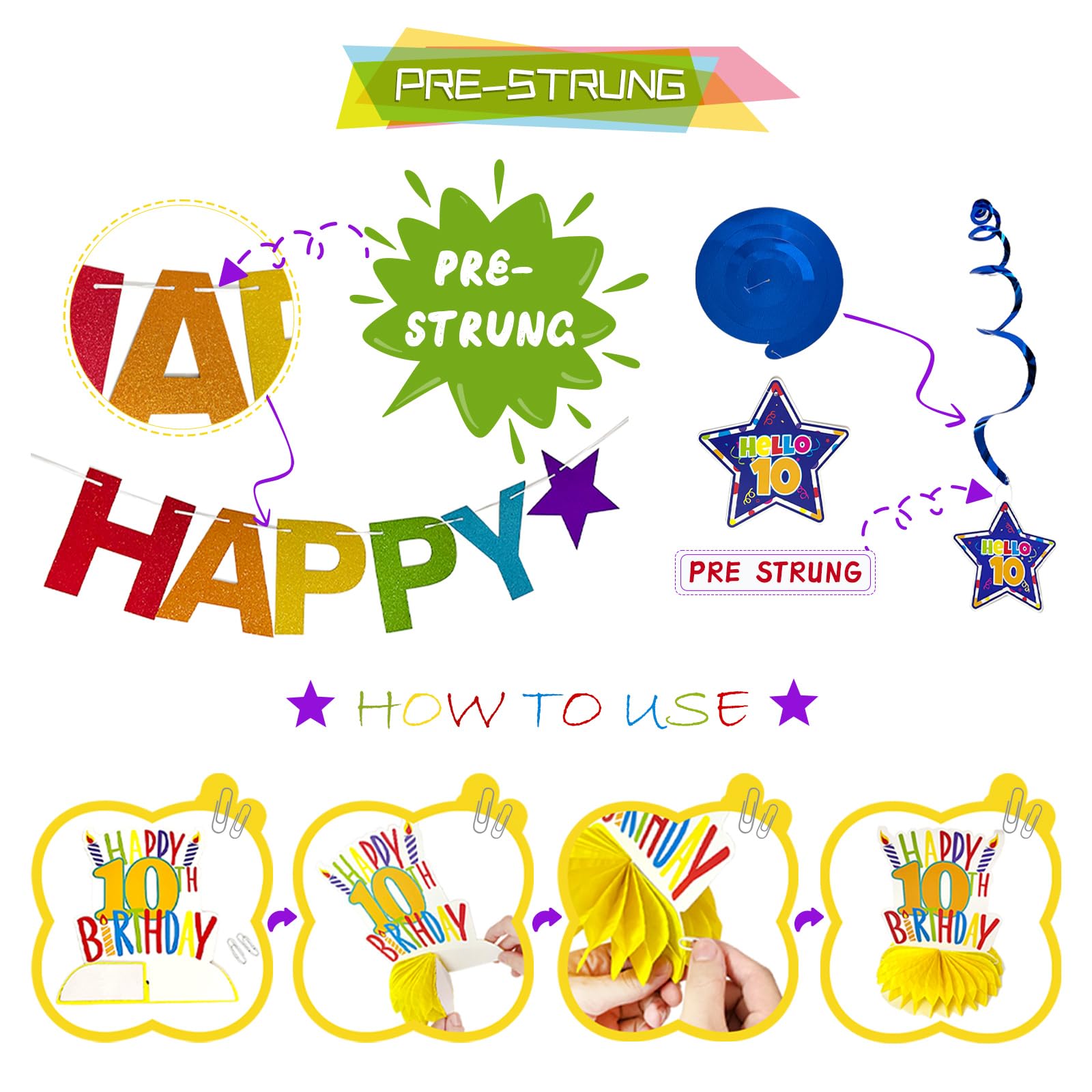 10th Birthday Party Decorations Kit for Girls & Boys - Happy 10th Birthday Banner, Swirls & Honeycomb Centerpieces - Double Digits Level Up Party Supplies for 10 Year Olds - Perfect for Classroom, Home & Outdoor Birthday Celebrations