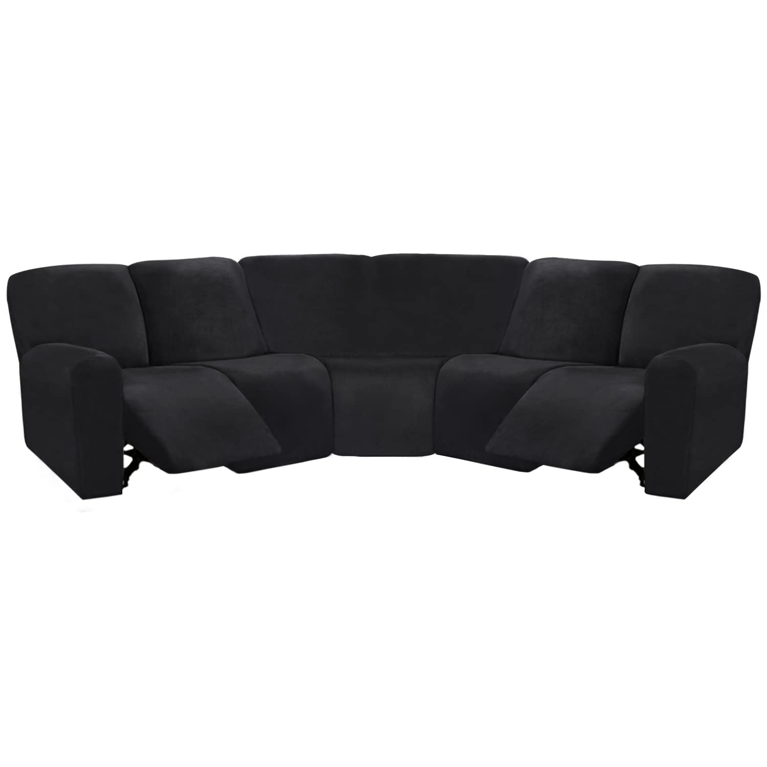 ULTICOR 7-Piece L-Shaped Sectional Recliner Sofa Cover - Velvet Stretch Reclining Couch Cover for L-Shaped Sofas - Thick, Soft & Washable Furniture Protector (Black, 5-Seat) - Perfect for Living Room, Home Theater & Family Gatherings
