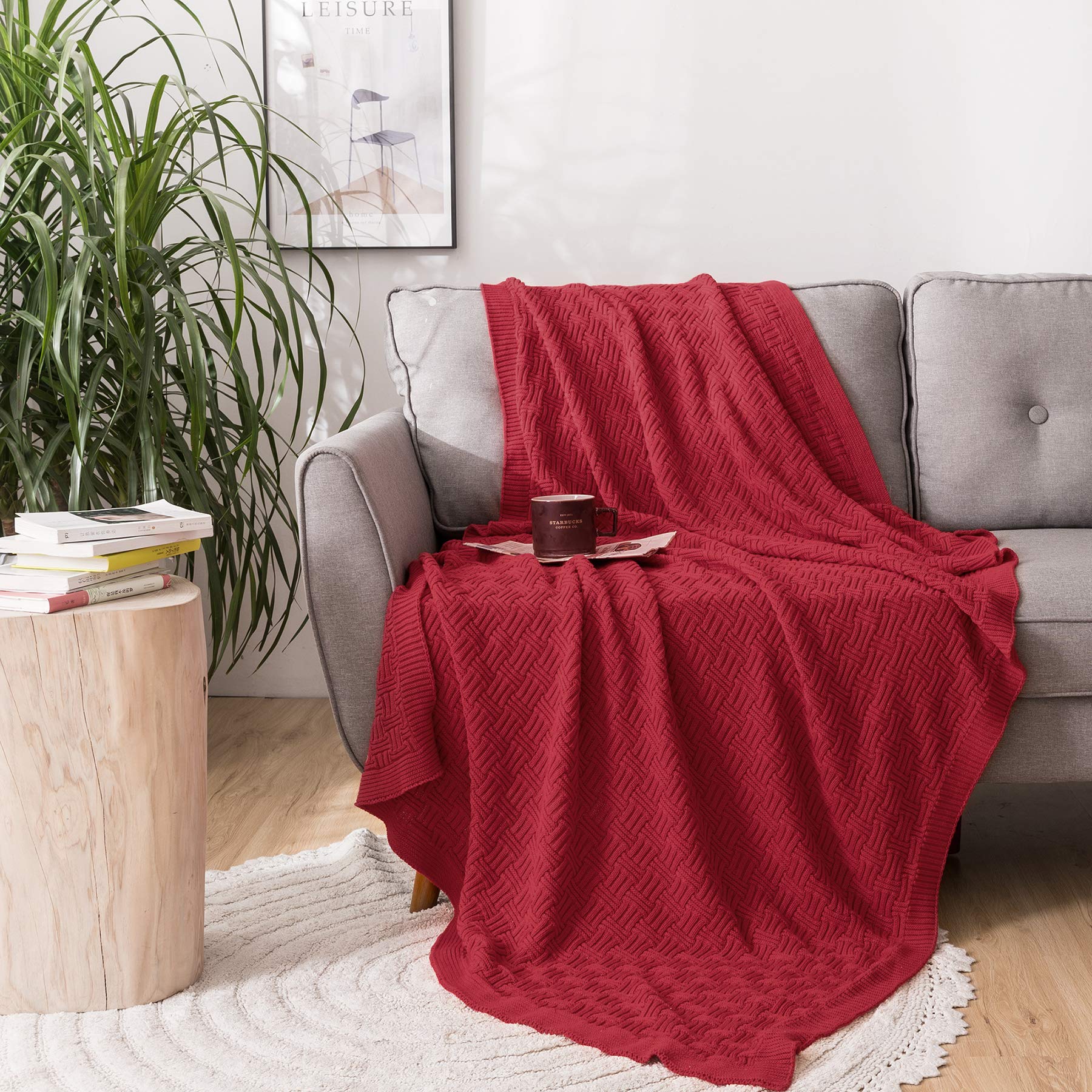 Soft Red Cable Knit Throw Blanket - 50x60 Inch Cotton Knitted Blanket for Couch, Sofa, Bed & Beach - Cozy Lightweight Decorative Blanket for Home, Travel & Outdoor Use