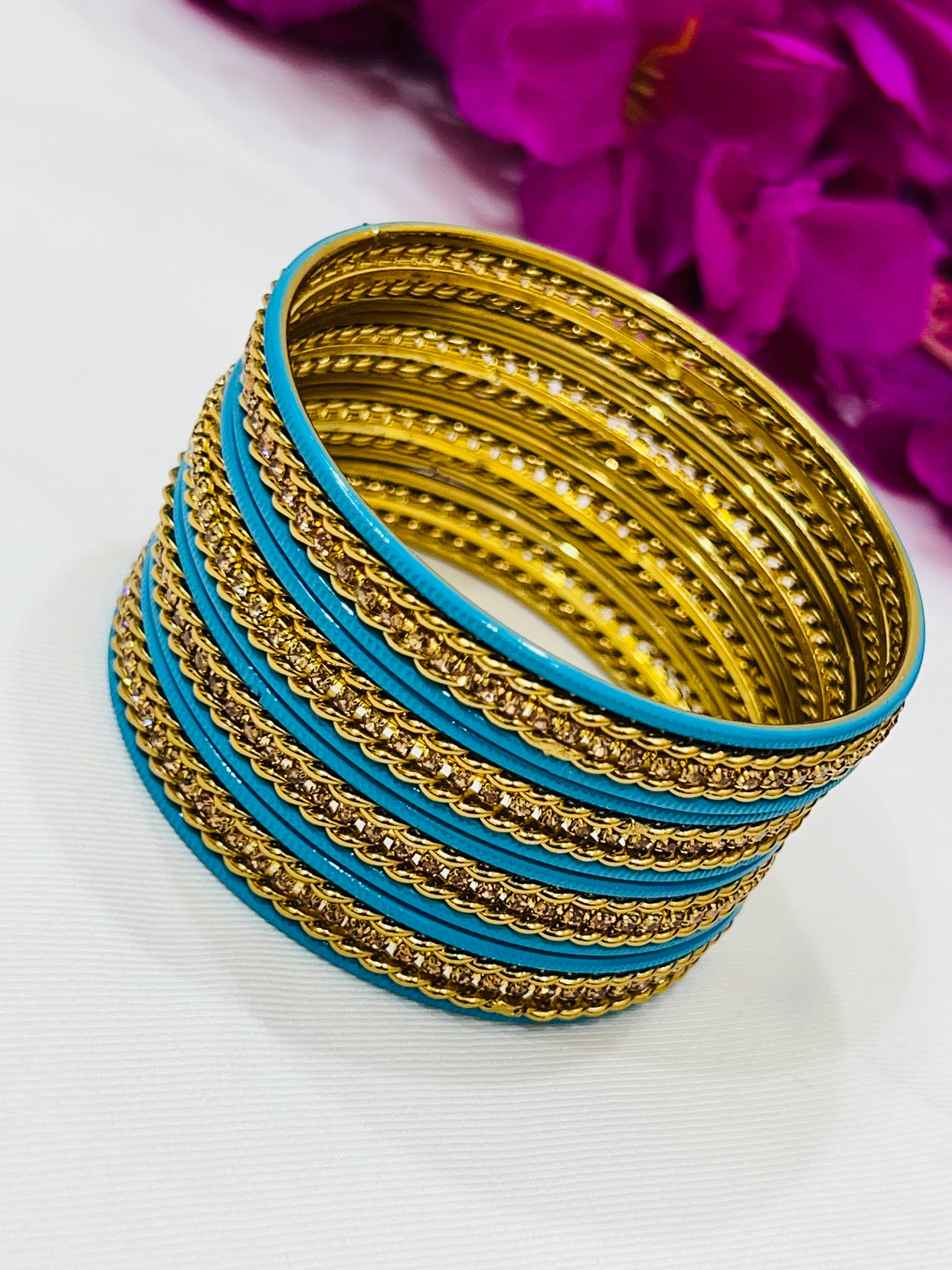 Stylish Sky Blue Metal Bangles with Elegant Gold Spiral Design - Trendy Women's Fashion Jewelry for Parties, Weddings & Everyday Wear