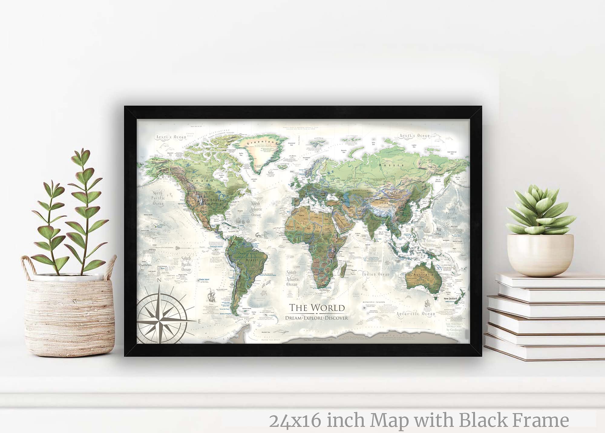 Custom Push Pin World Travel Map - Stretched Canvas, Rolled Poster or Framed Wall Art - Perfect Travel Gift to Track Visited Places - Nautilus Design World Map with Pins - Great for Home Office, Living Room Decor & Travel Enthusiasts