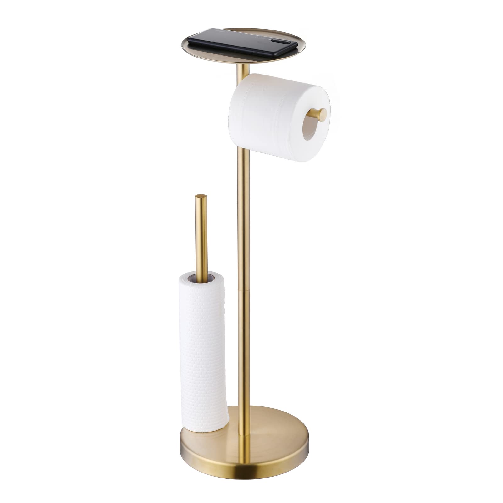 Gold Toilet Paper Holder Stand with Phone Shelf - Free Standing Tissue Roll Dispenser in 304 Stainless Steel for Bathroom, Kitchen, RV & Office Use