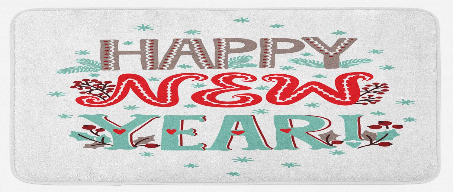 Ambesonne Happy New Year Kitchen Mat - Non-Slip Plush Decorative Rug with Ornamental Typography Design, 47x19 Inches, Multicolor - Perfect for Holiday Decor & Kitchen Floor Protection