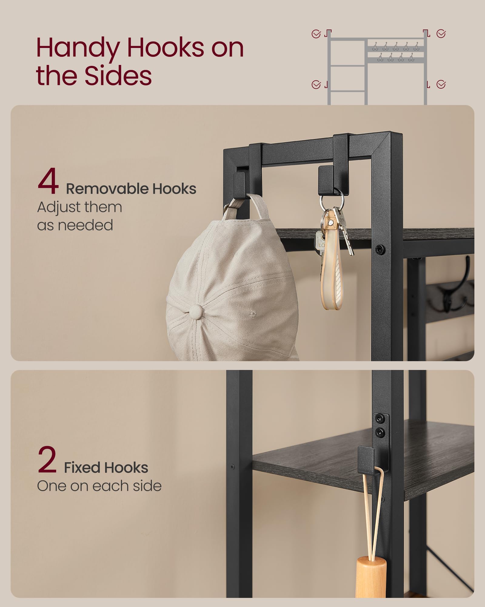 VASAGLE Entryway Hall Tree with Bench - 5-Tier Shoe Storage, 9 Coat Hooks & 6 Side Hooks - 74.8