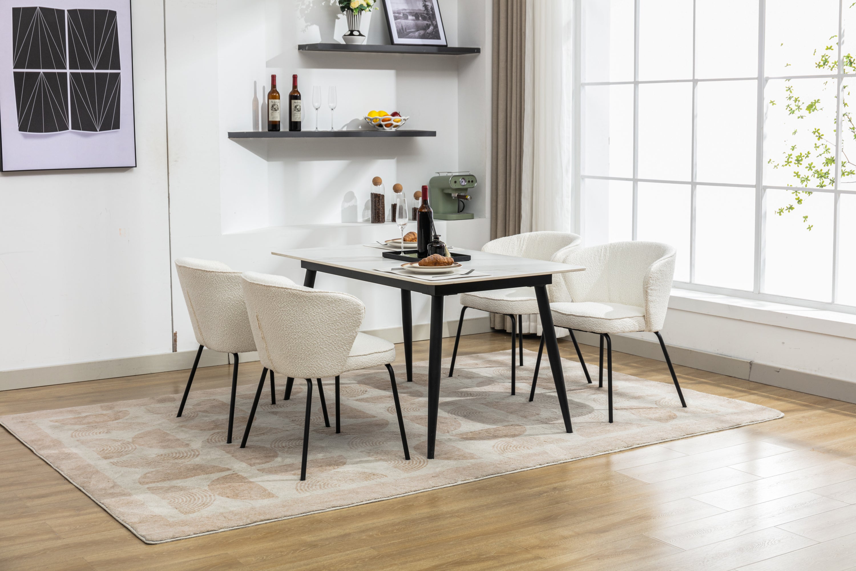 Set of 2 Modern Boucle Fabric Dining Chairs with Black Metal Legs in Ivory - Comfortable Upholstered Side Chairs for Kitchen, Dining Room, and Office Use