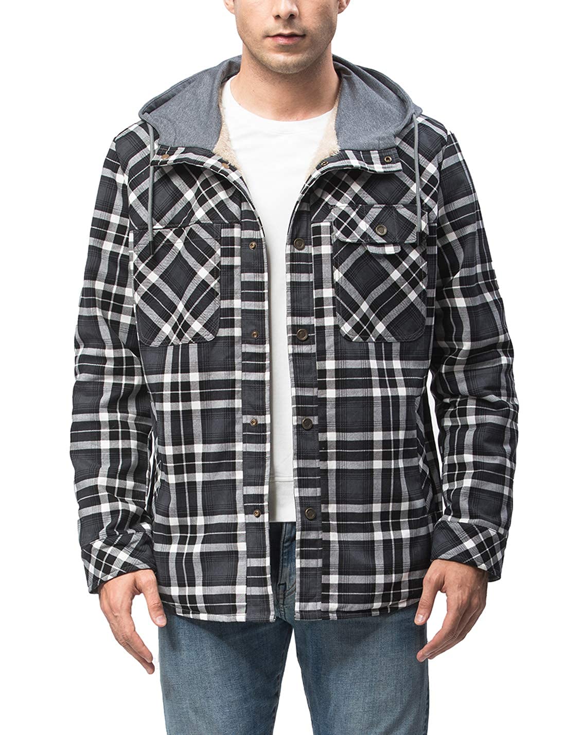 PEHMEA Men's Cotton Plaid Flannel Shirt Jacket - Fleece Lined Sherpa Hooded Button Down for Winter (Gray, Large) | Outdoor Work & Casual Wear